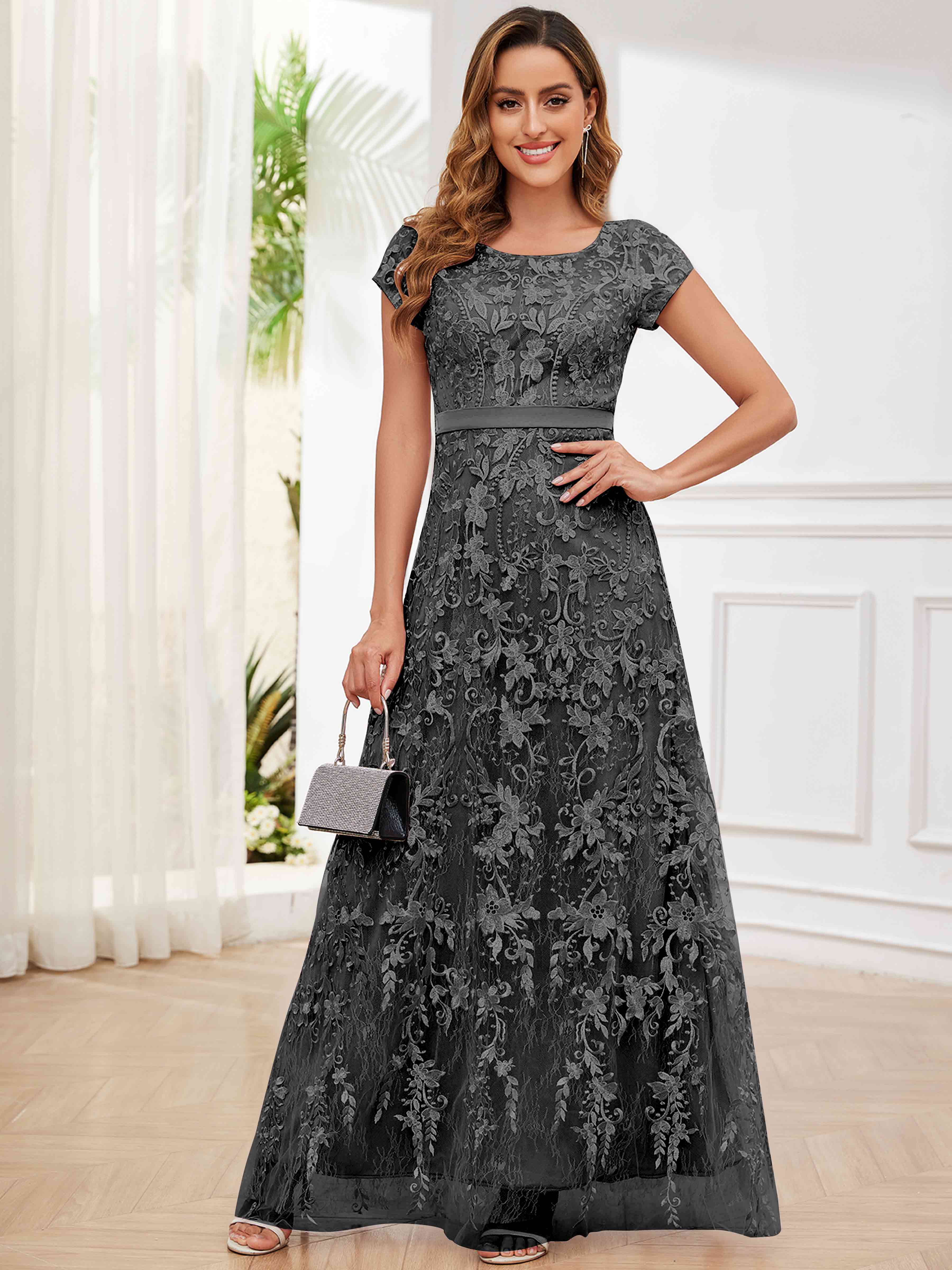 ROVDESY Elegant Lace Mother Of The Bride Dress With Short Sleeves Formal Gown