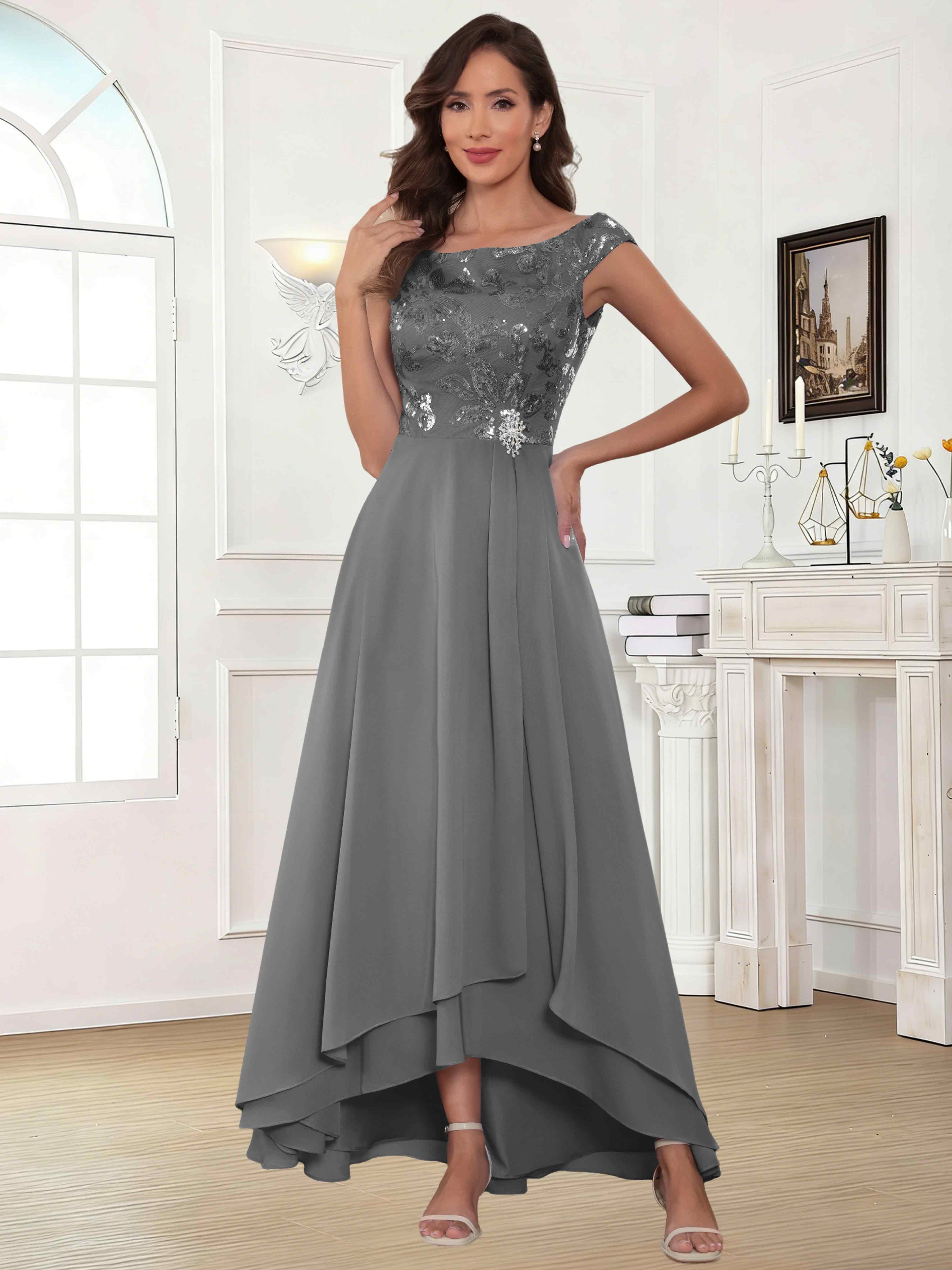 ROVDESY Tea Length Off-The-Shoulder Sequin Chiffon Mother Of The Bride Dress