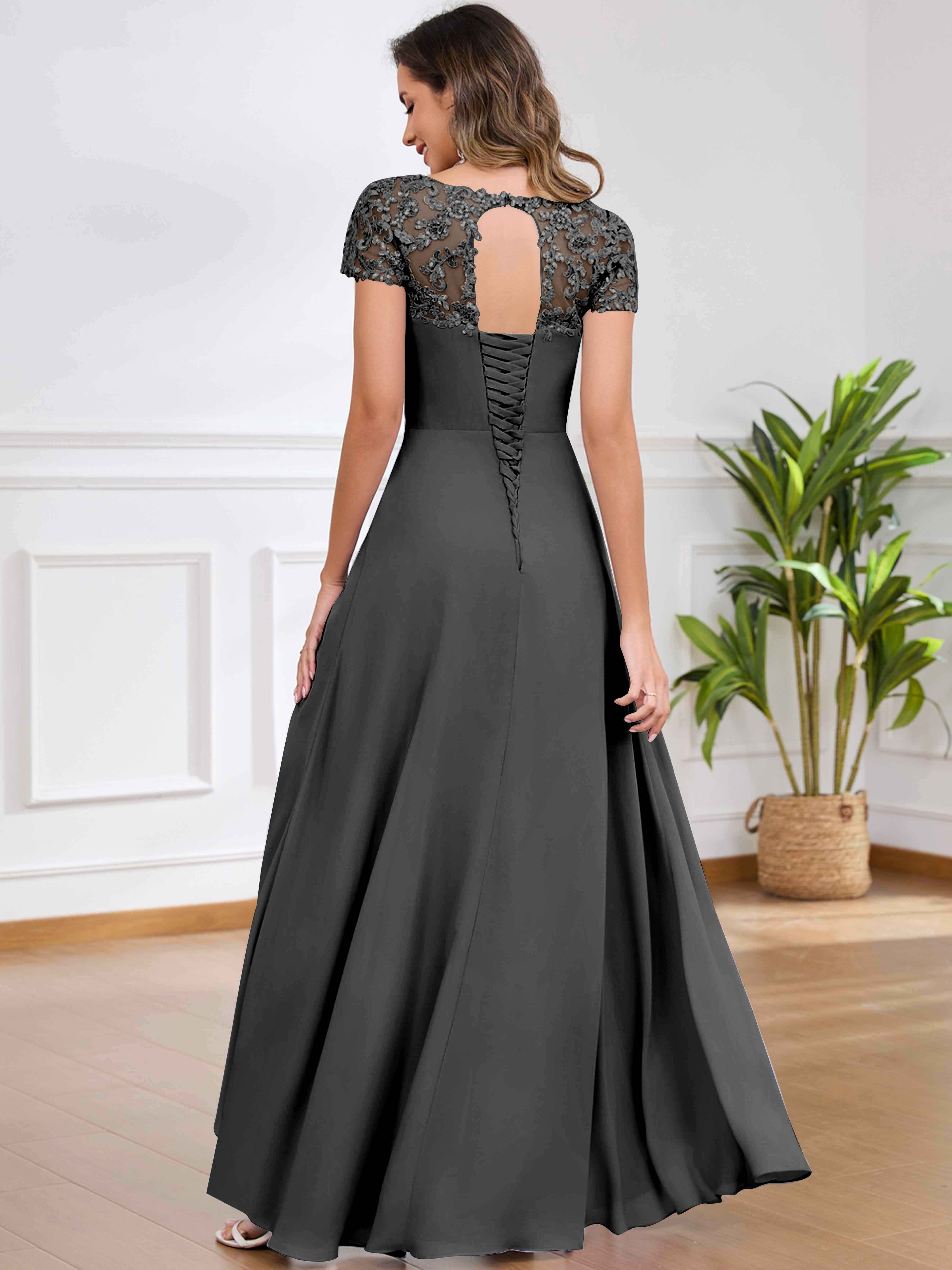 ROVDESY A-Line Pleated Lace Sequin Ruffle Chiffon Mother Of The Bride Dress With Slit