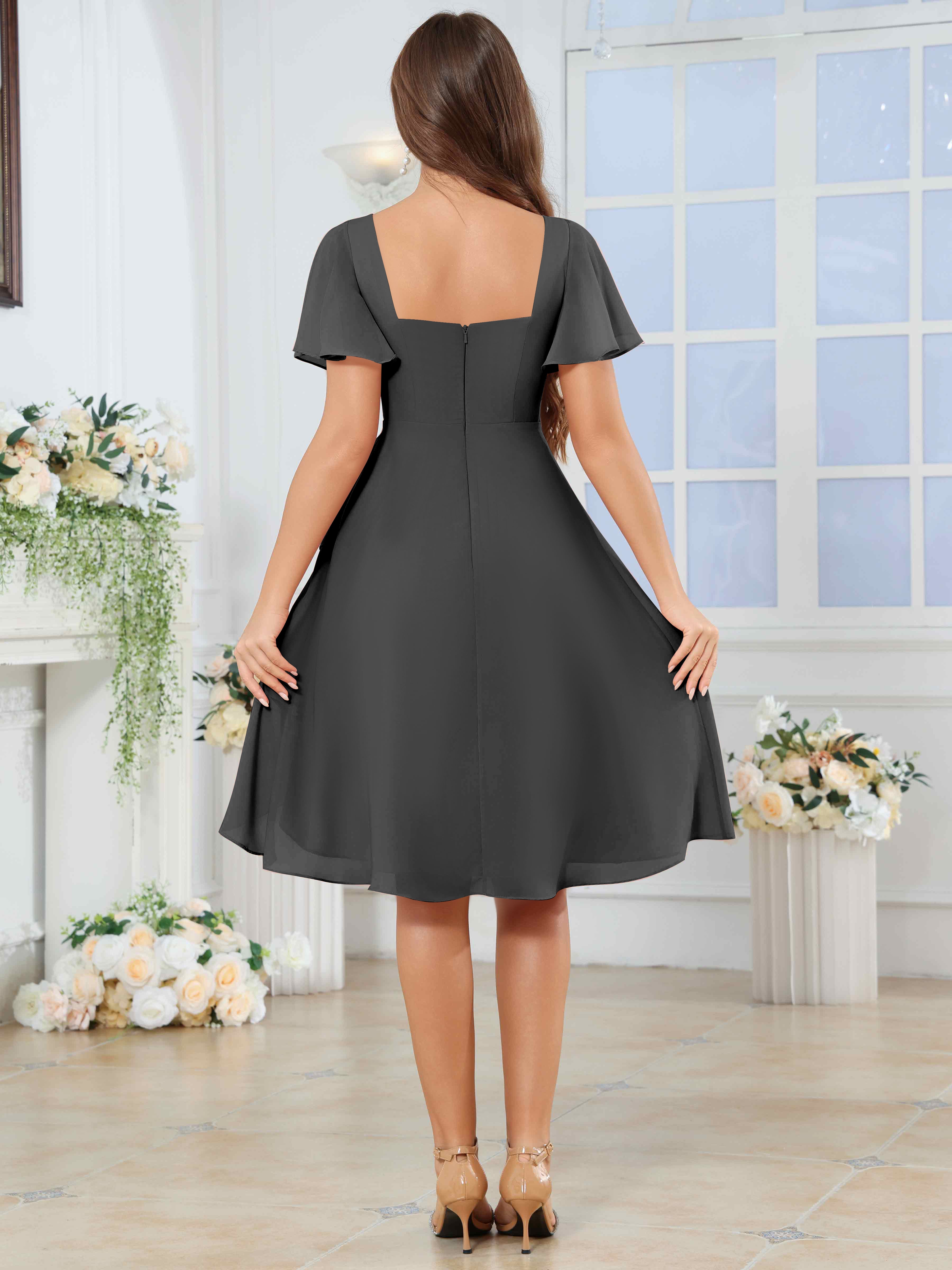 ROVDESY Knee Length V-Neck Pleated Chiffon Bridesmaid Dress With Short Sleeves