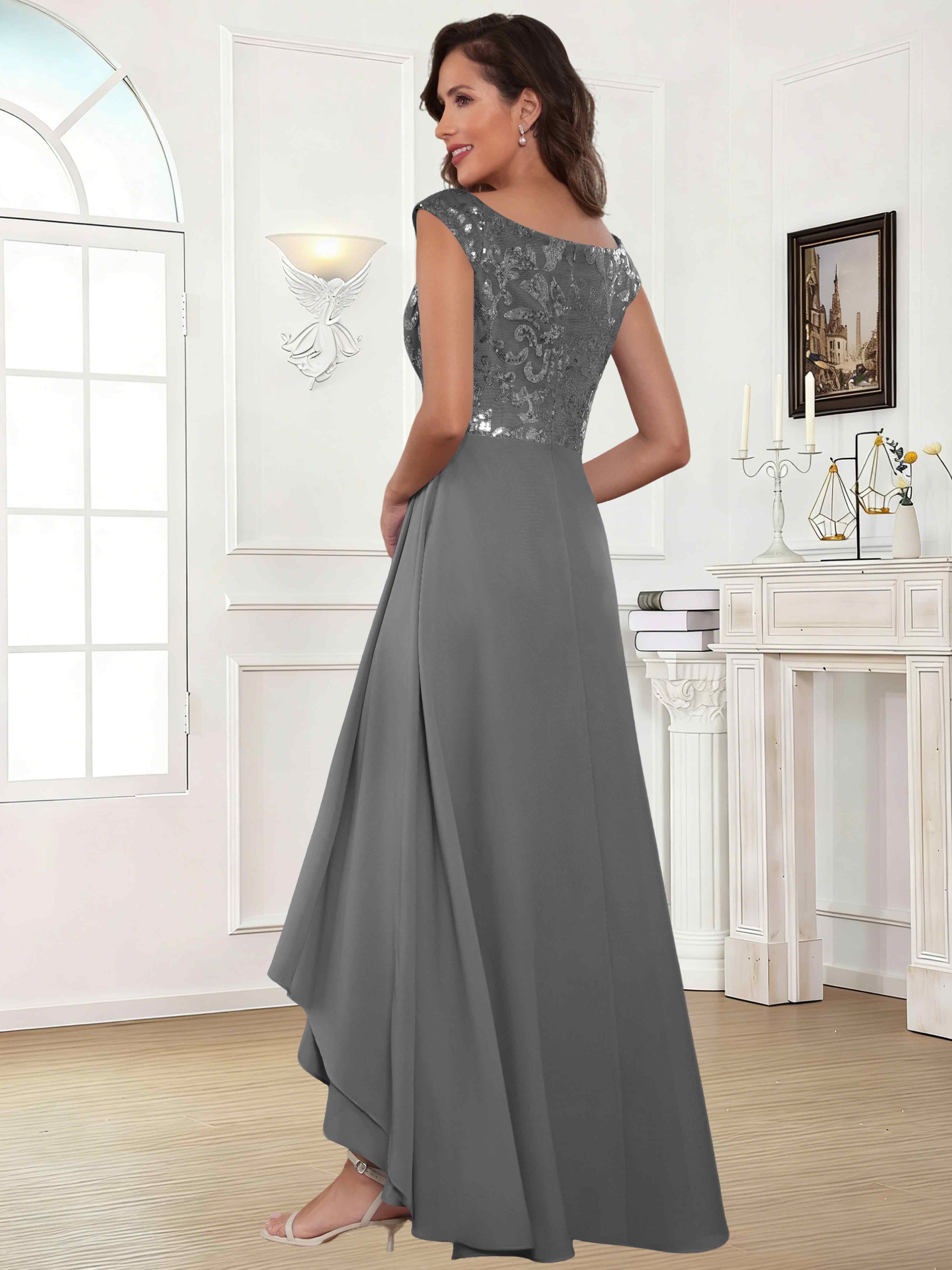ROVDESY Tea Length Off-The-Shoulder Sequin Chiffon Mother Of The Bride Dress