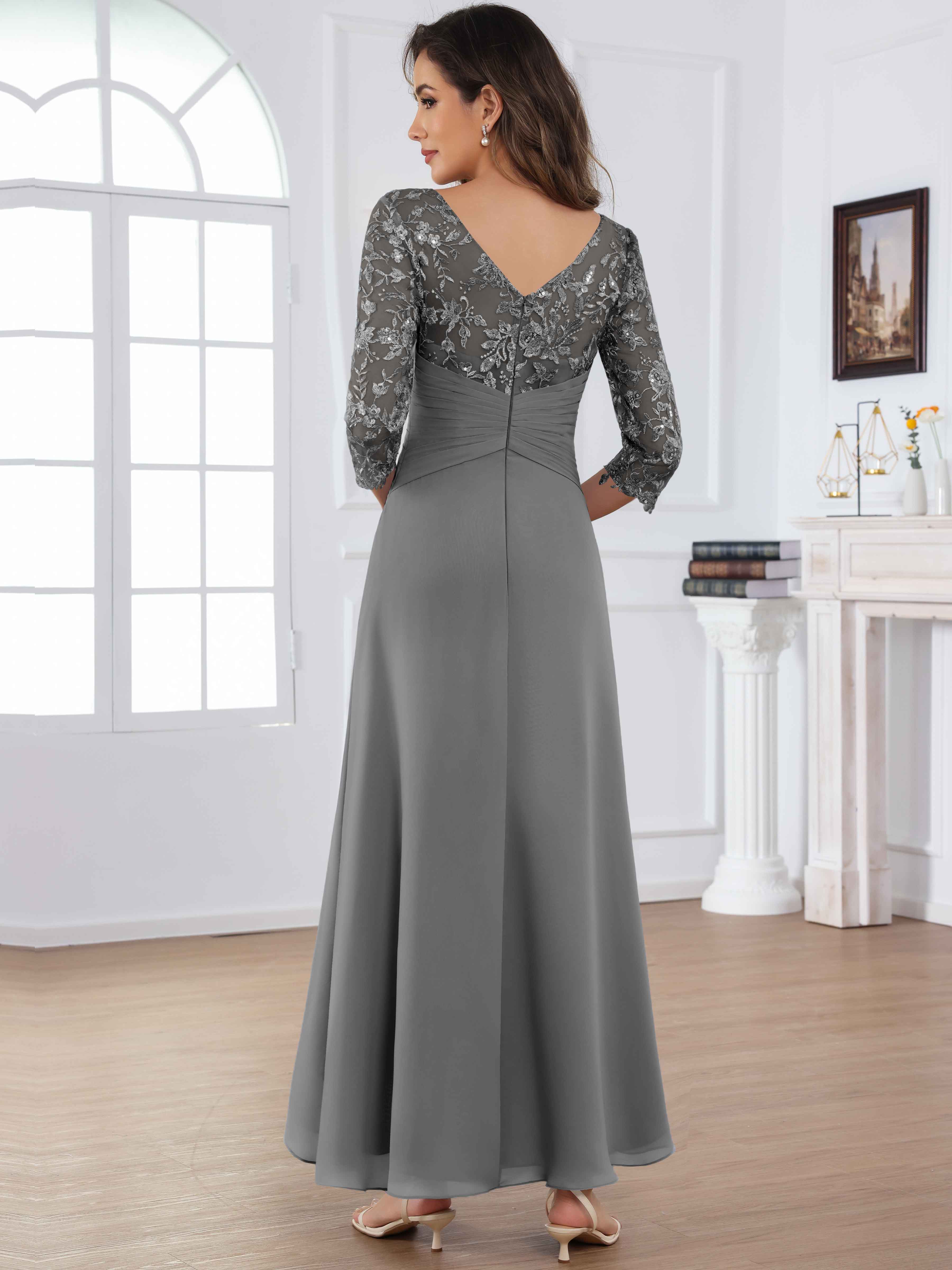 ROVDESY Tea Length Lace Chiffon Mother of The Bride Dress with 3/4 Sleeves