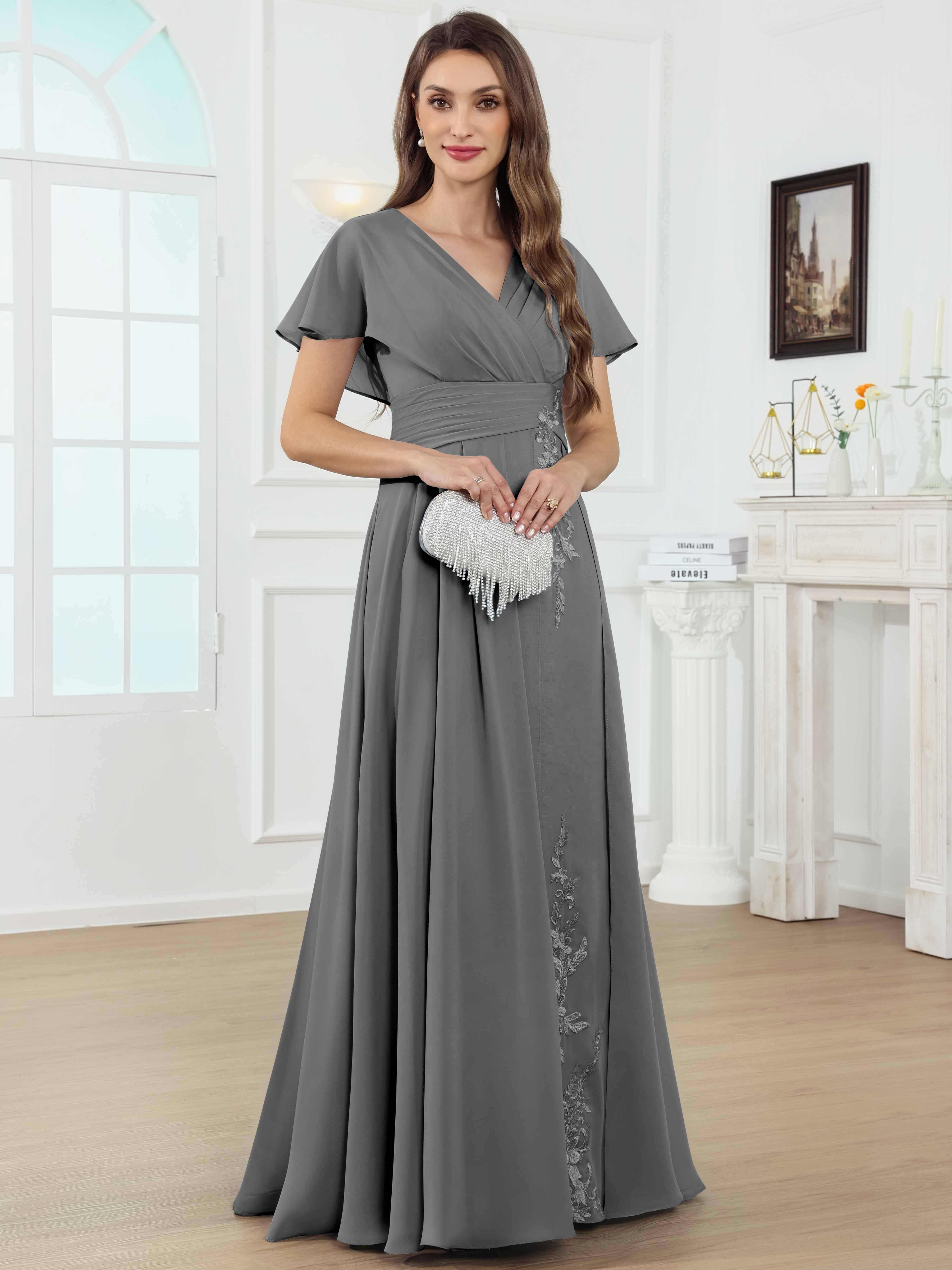 ROVDESY A-Line V-Neck Pleated Lace Chiffon Mother Of The Bride Dress With Short Sleeves