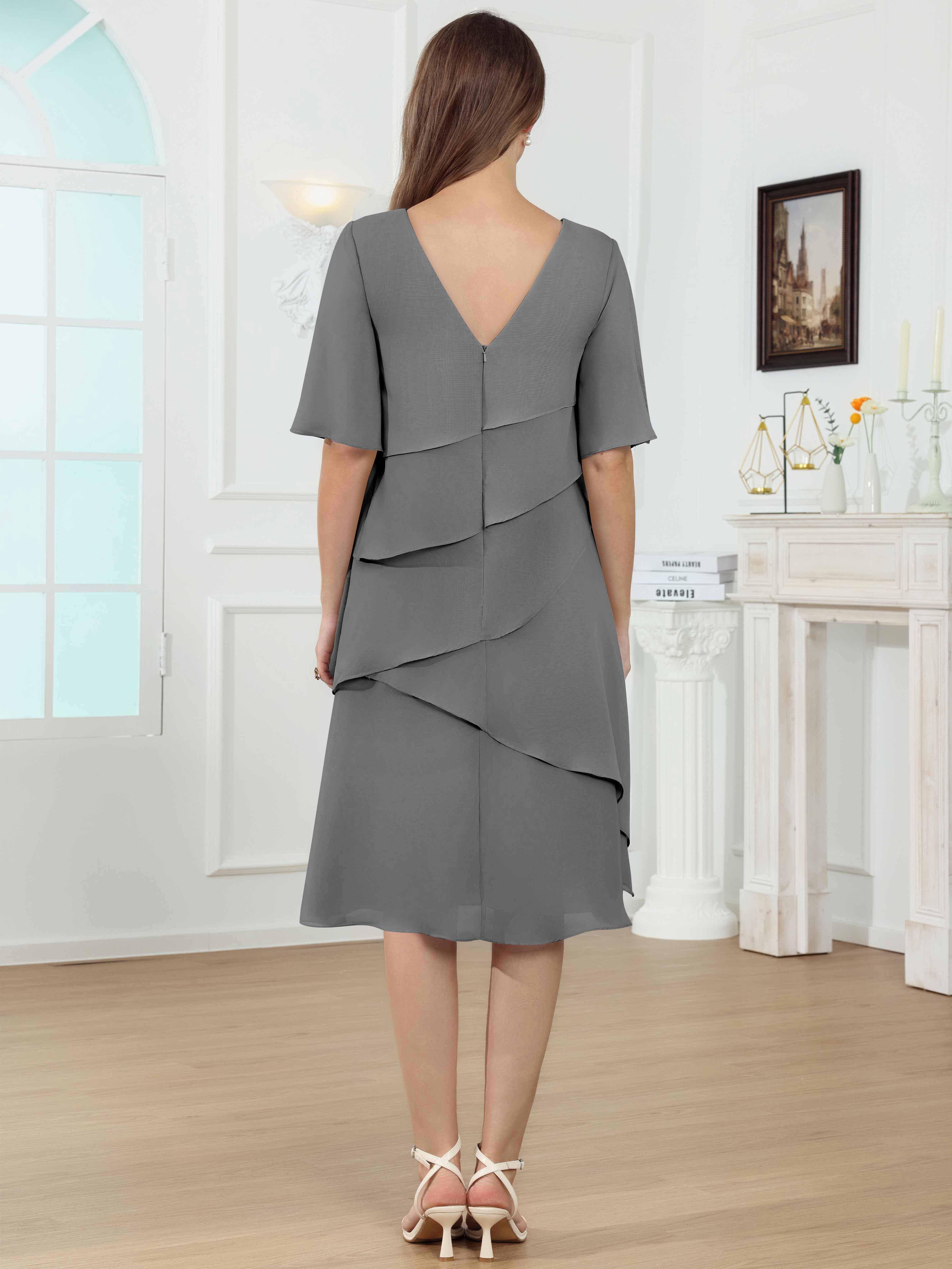 ROVDESY Knee Length Tiered Ruffle Chiffon Mother Of The Bride Dress With Half Sleeves