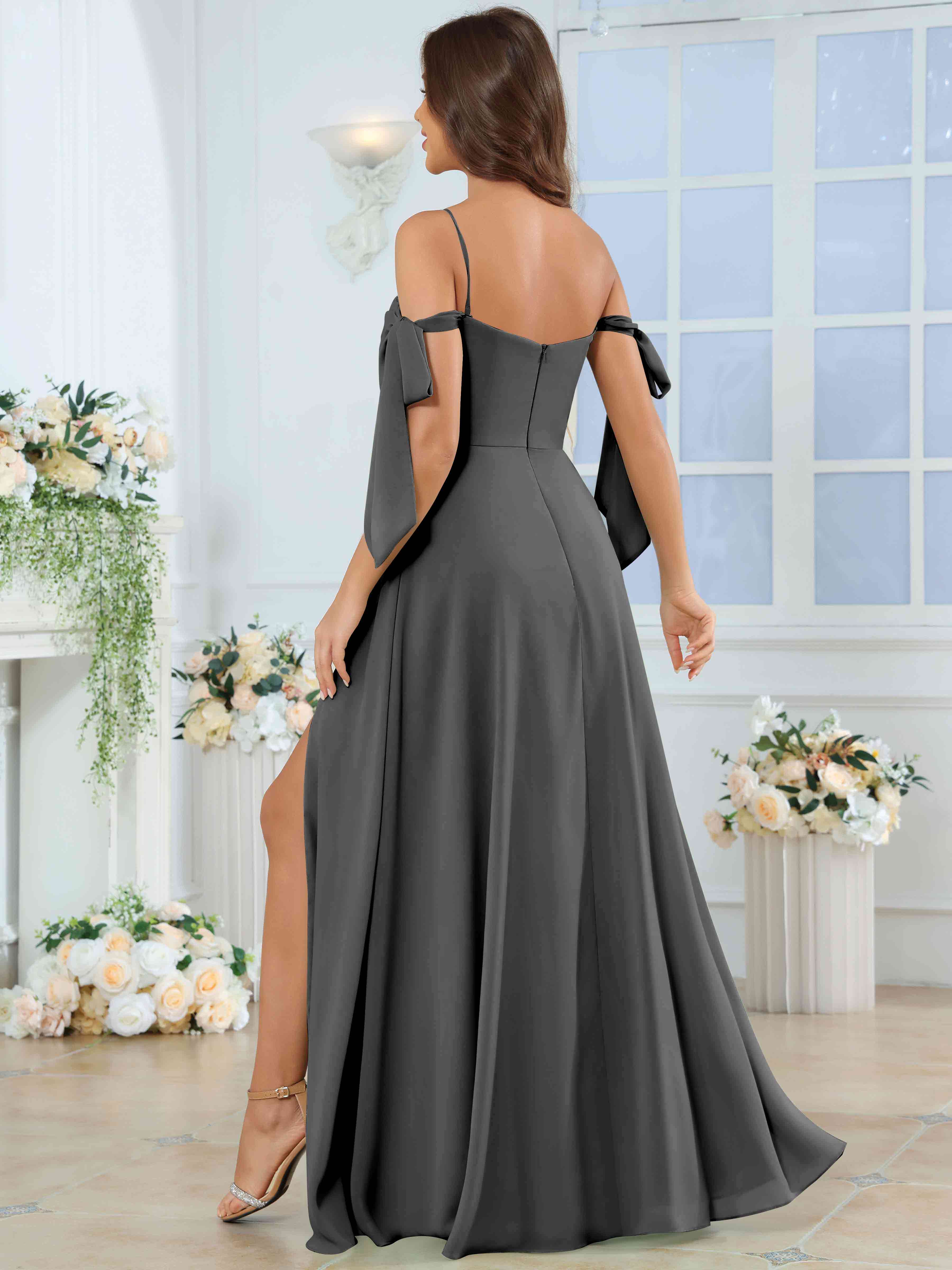 ROVDESY Spaghetti Strap Pleated Ruffle Slit Chiffon Bridesmaid Dress With Bow Sleeves
