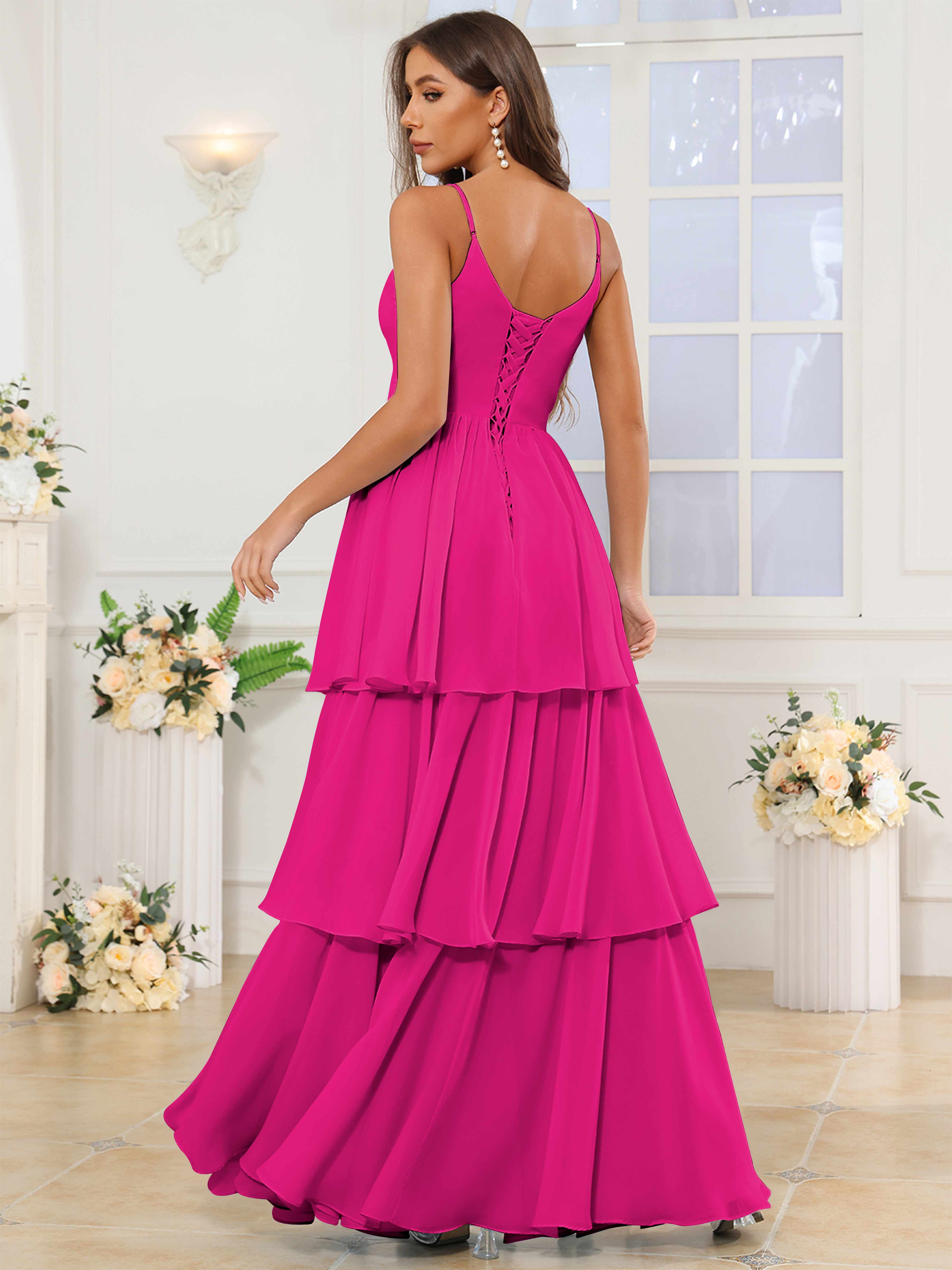 ROVDESY V-Neck Spaghetti Straps Tiered Chiffon Bridesmaid Dress With Ruffles