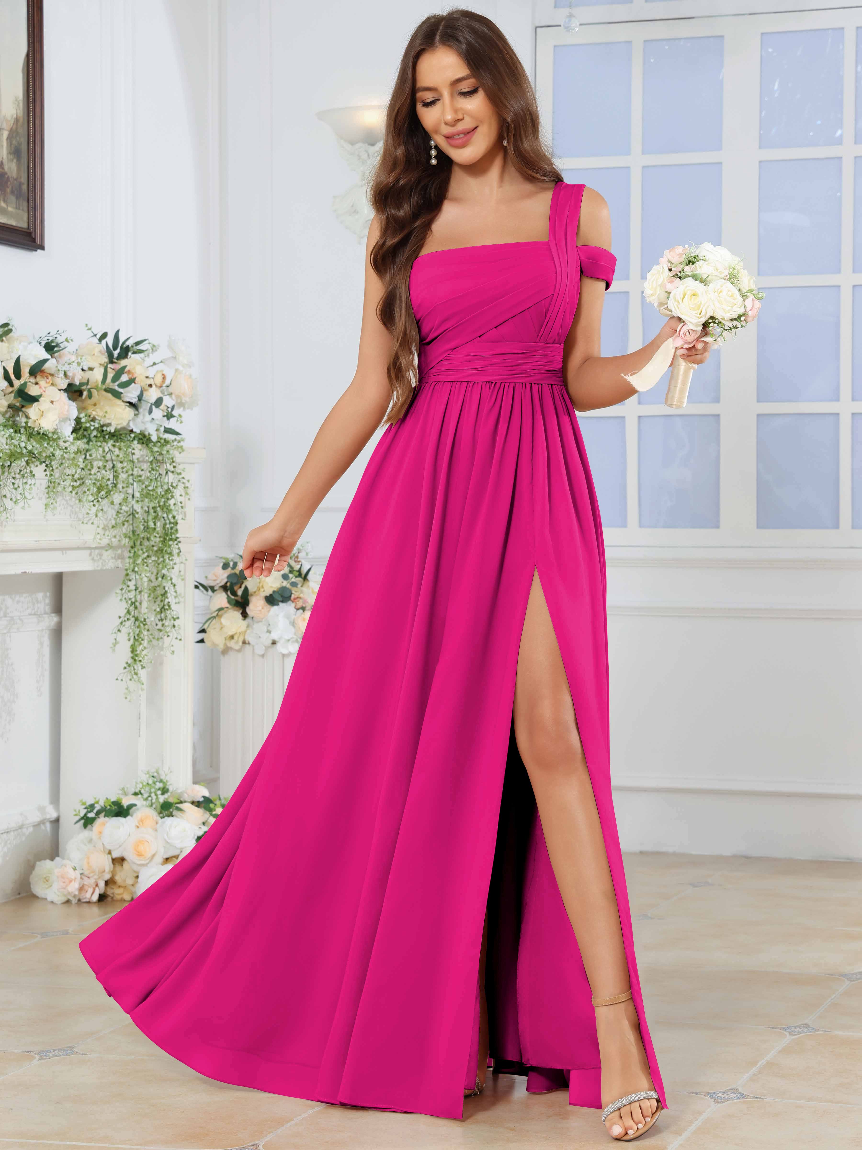 ROVDESY One Shoulder Pleated Chiffon Bridesmaid Dress With Slit