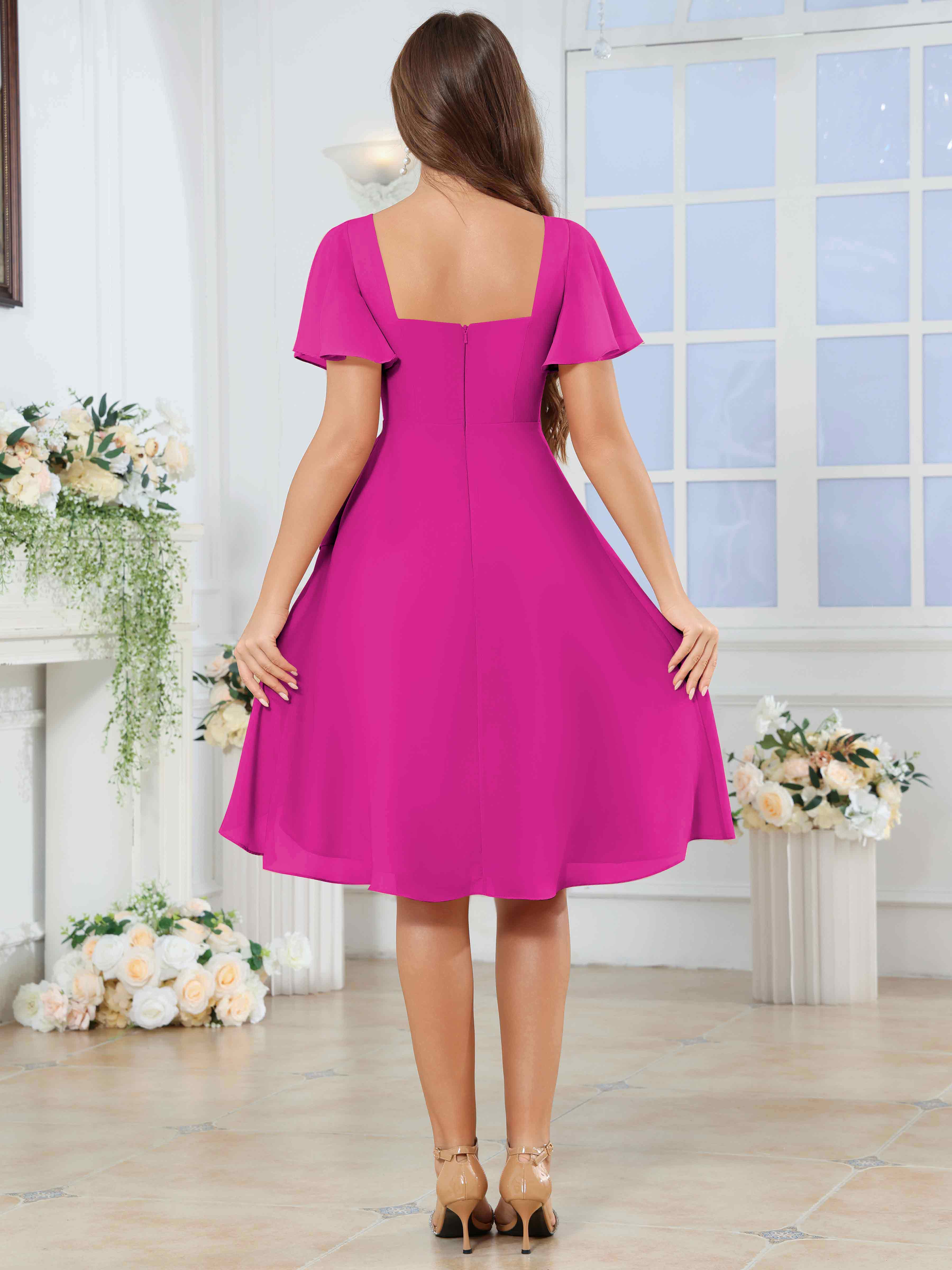 ROVDESY Knee Length V-Neck Pleated Chiffon Bridesmaid Dress With Short Sleeves