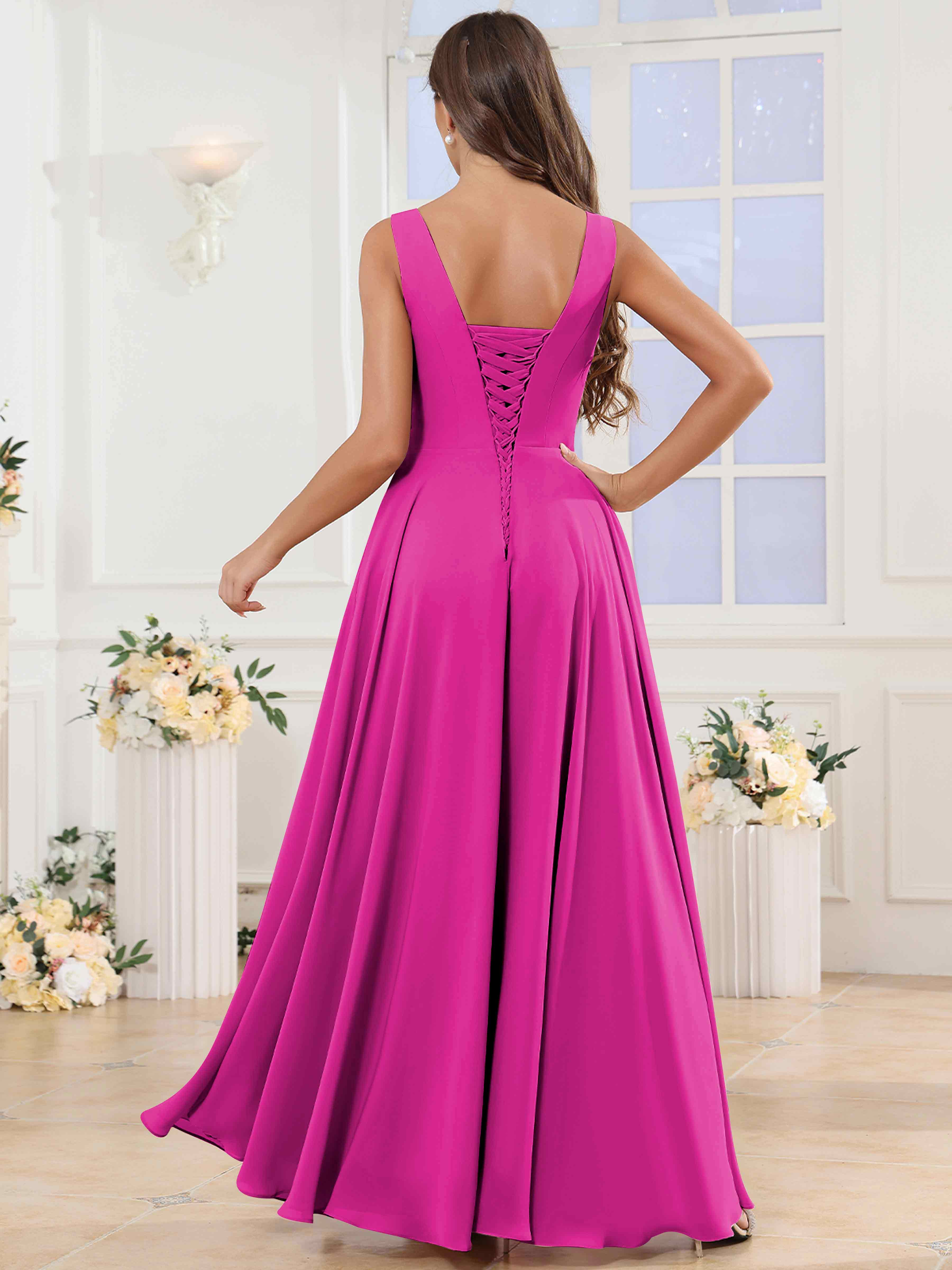 ROVDESY V-Neck Pleated Sleeveless Ruffle Chiffon Bridesmaid Dress With Slit