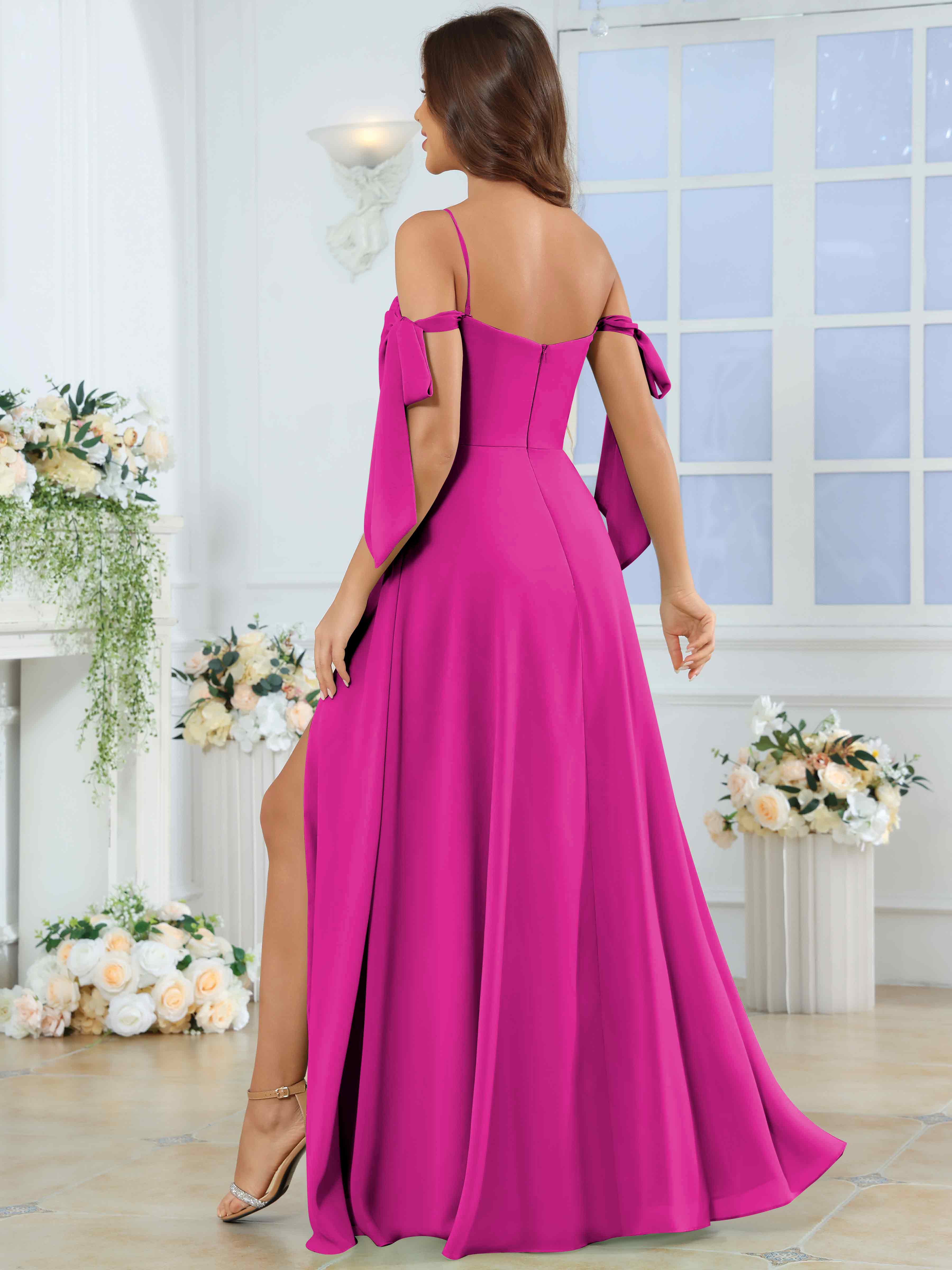 ROVDESY Spaghetti Strap Pleated Ruffle Slit Chiffon Bridesmaid Dress With Bow Sleeves