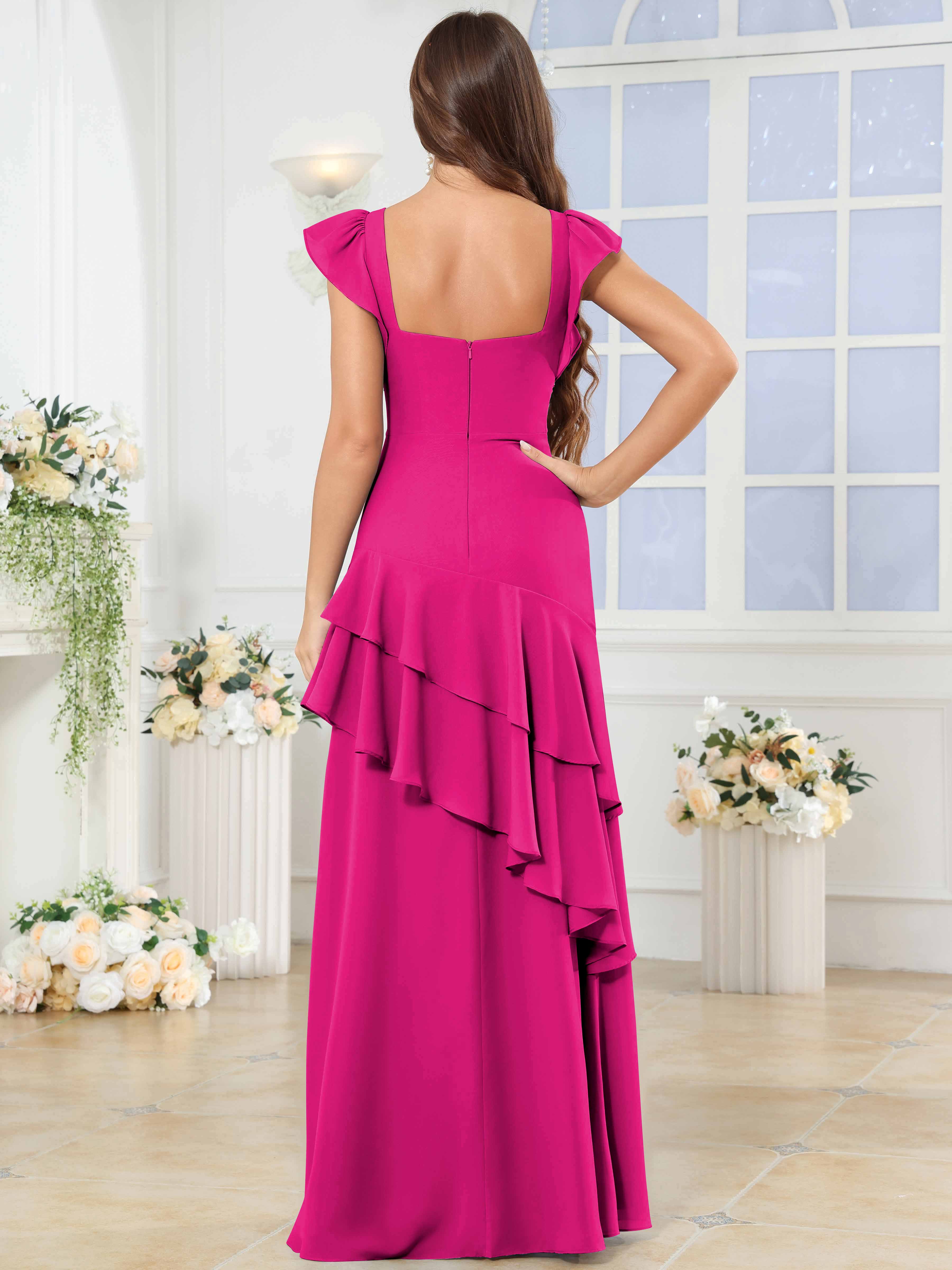 ROVDESY Sweetheart Tiered Ruffle Chiffon Bridesmaid Dress With Short Sleeves