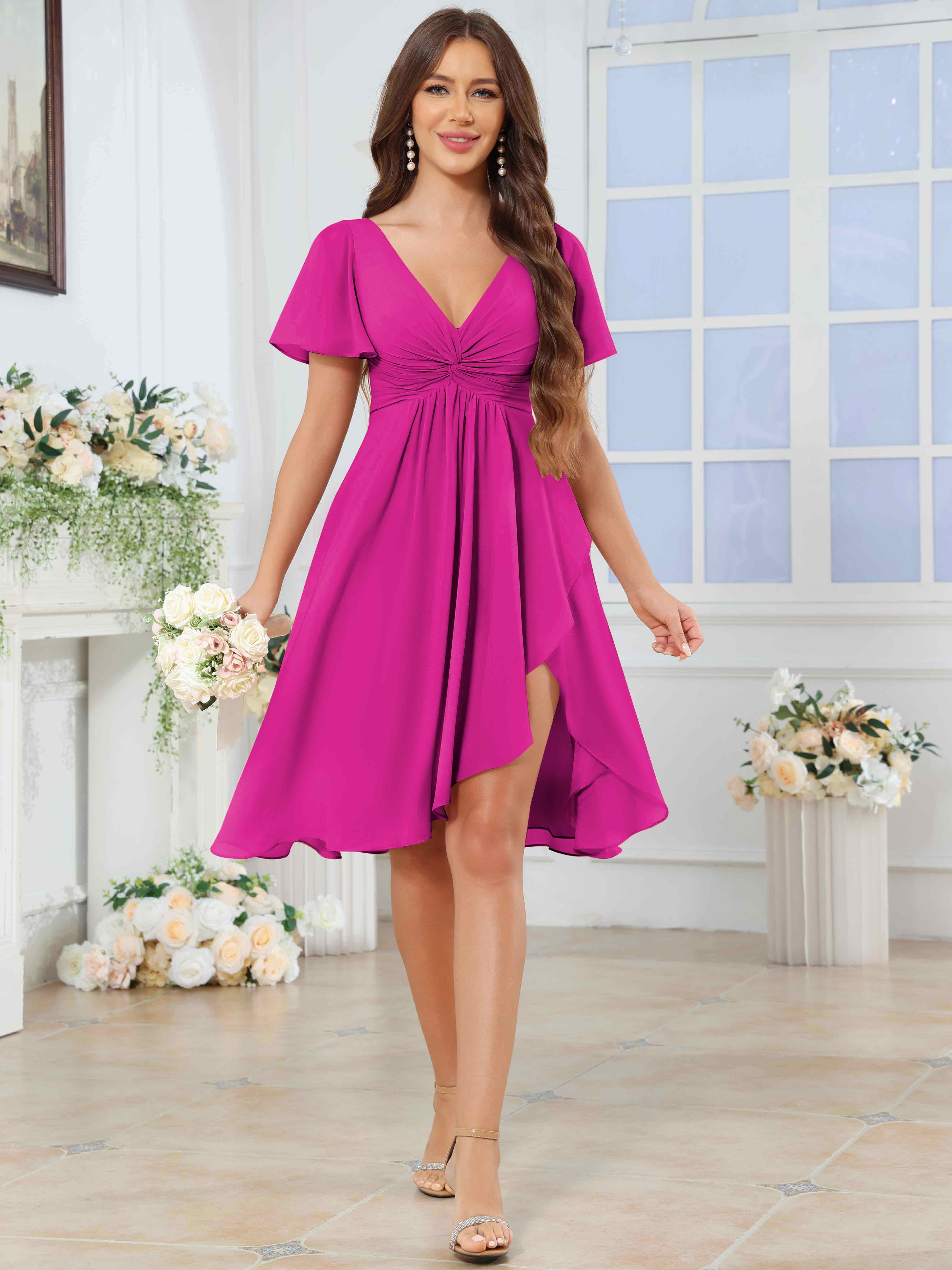 ROVDESY Knee Length V-Neck Pleated Chiffon Bridesmaid Dress With Short Sleeves