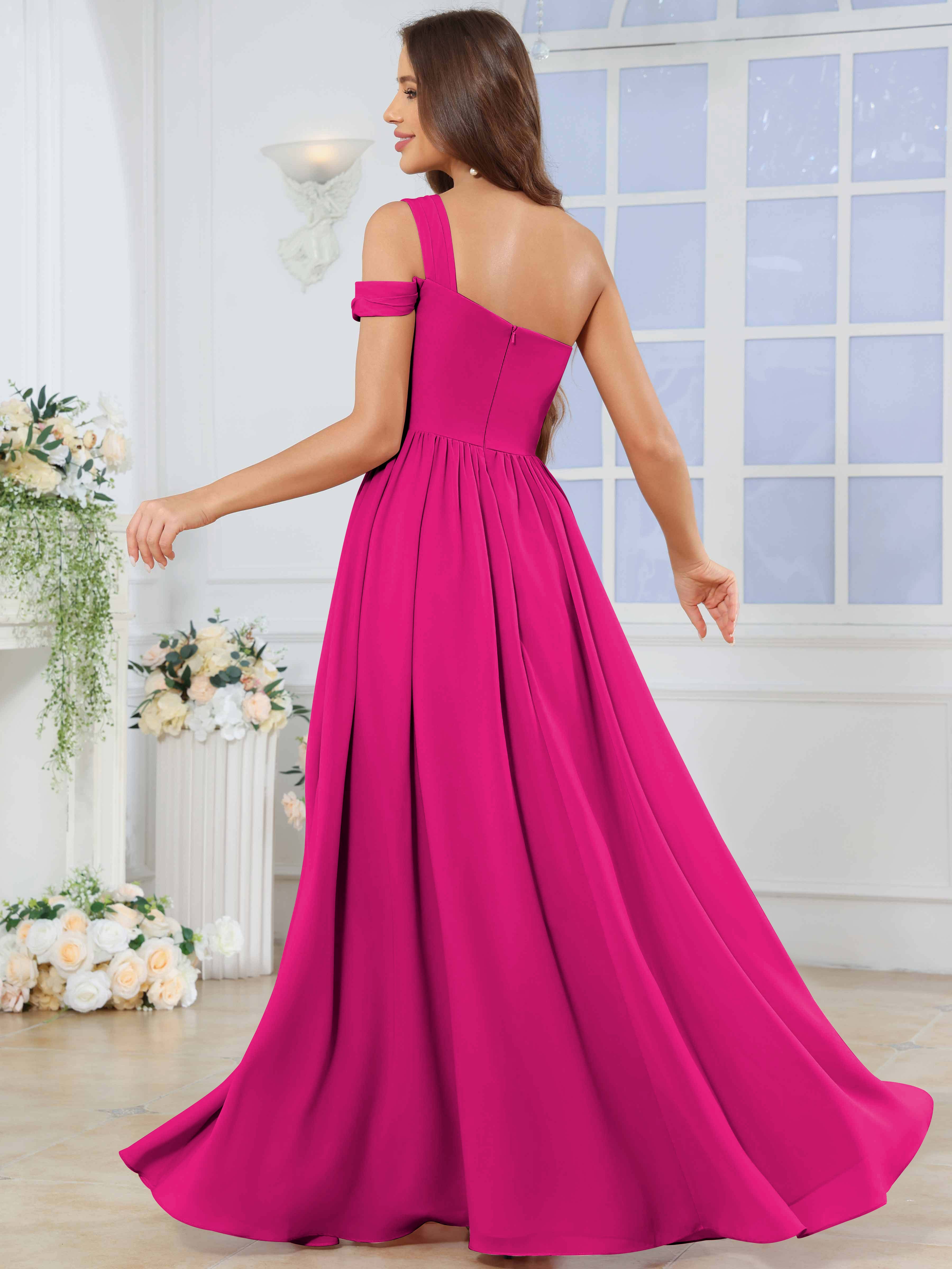 ROVDESY One Shoulder Pleated Chiffon Bridesmaid Dress With Slit
