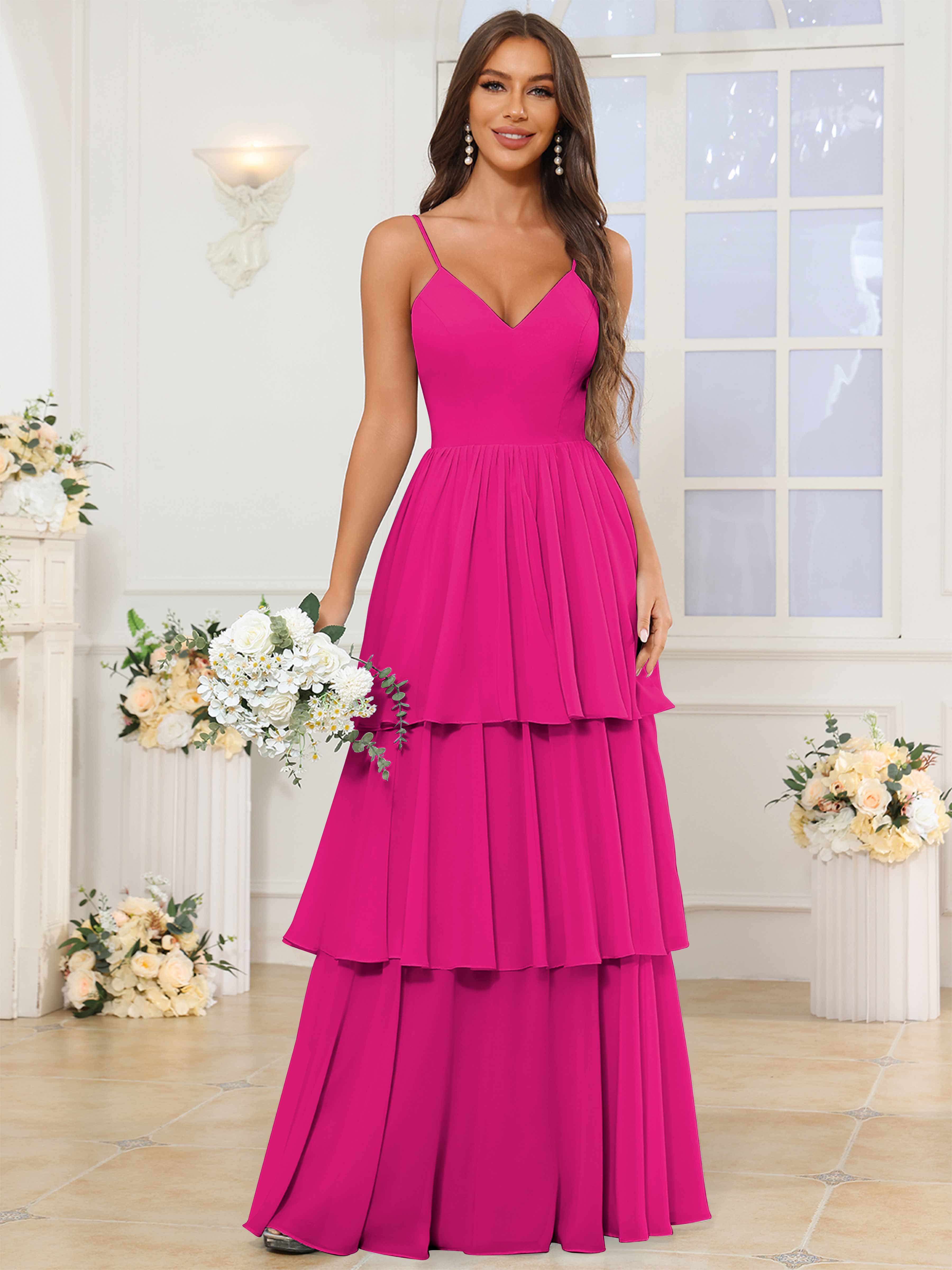 ROVDESY V-Neck Spaghetti Straps Tiered Chiffon Bridesmaid Dress With Ruffles