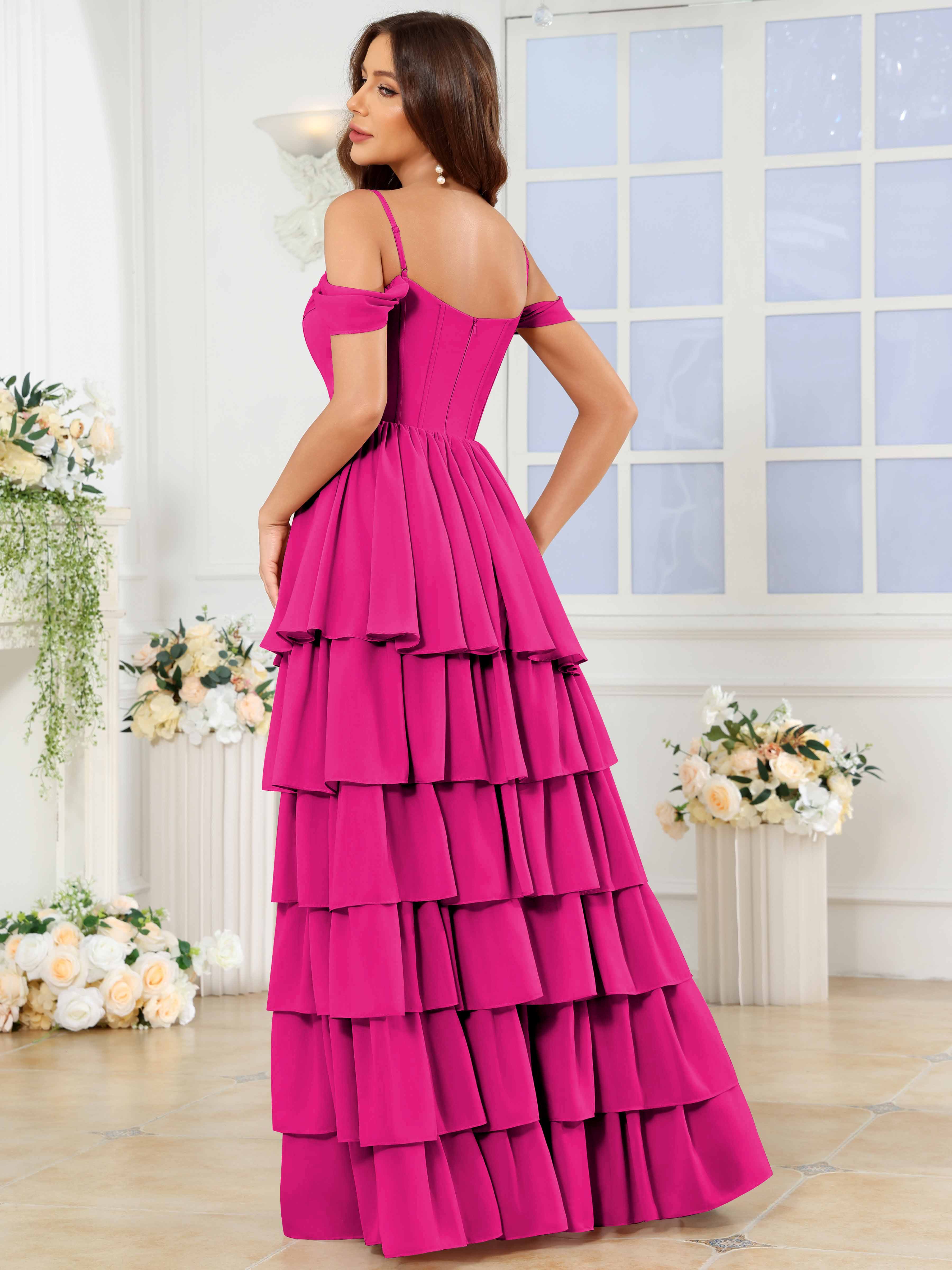 ROVDESY A-Line Off The Shoulder Tiered Chiffon Bridesmaid/Prom Dress With Slit