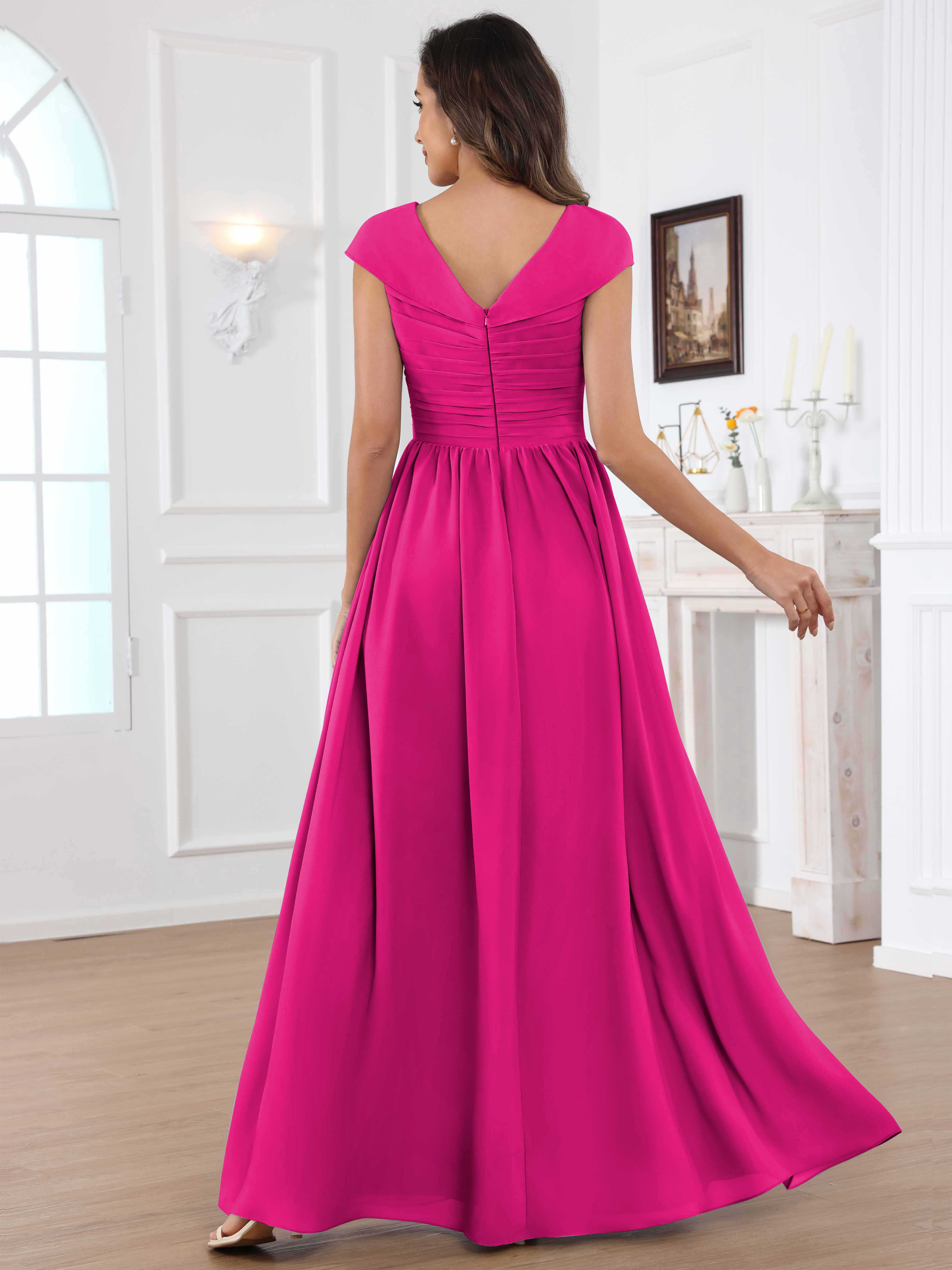 ROVDESY A-Line Cap Sleeves Pleated Chiffon Mother Of The Bride Dress