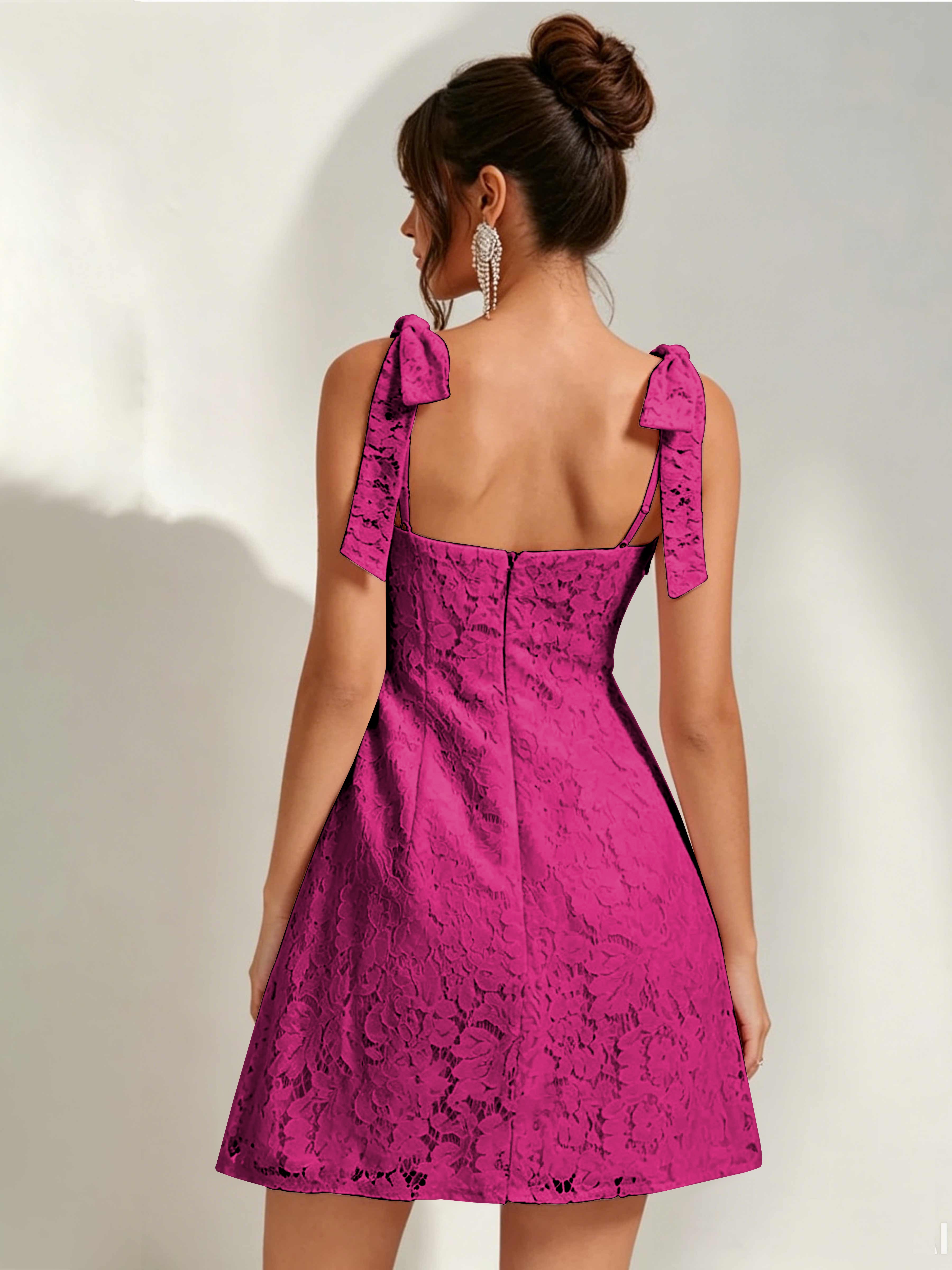ROVDESY Bow Tie Spaghetti Strap A-Line  Floral Lace Mini Dress