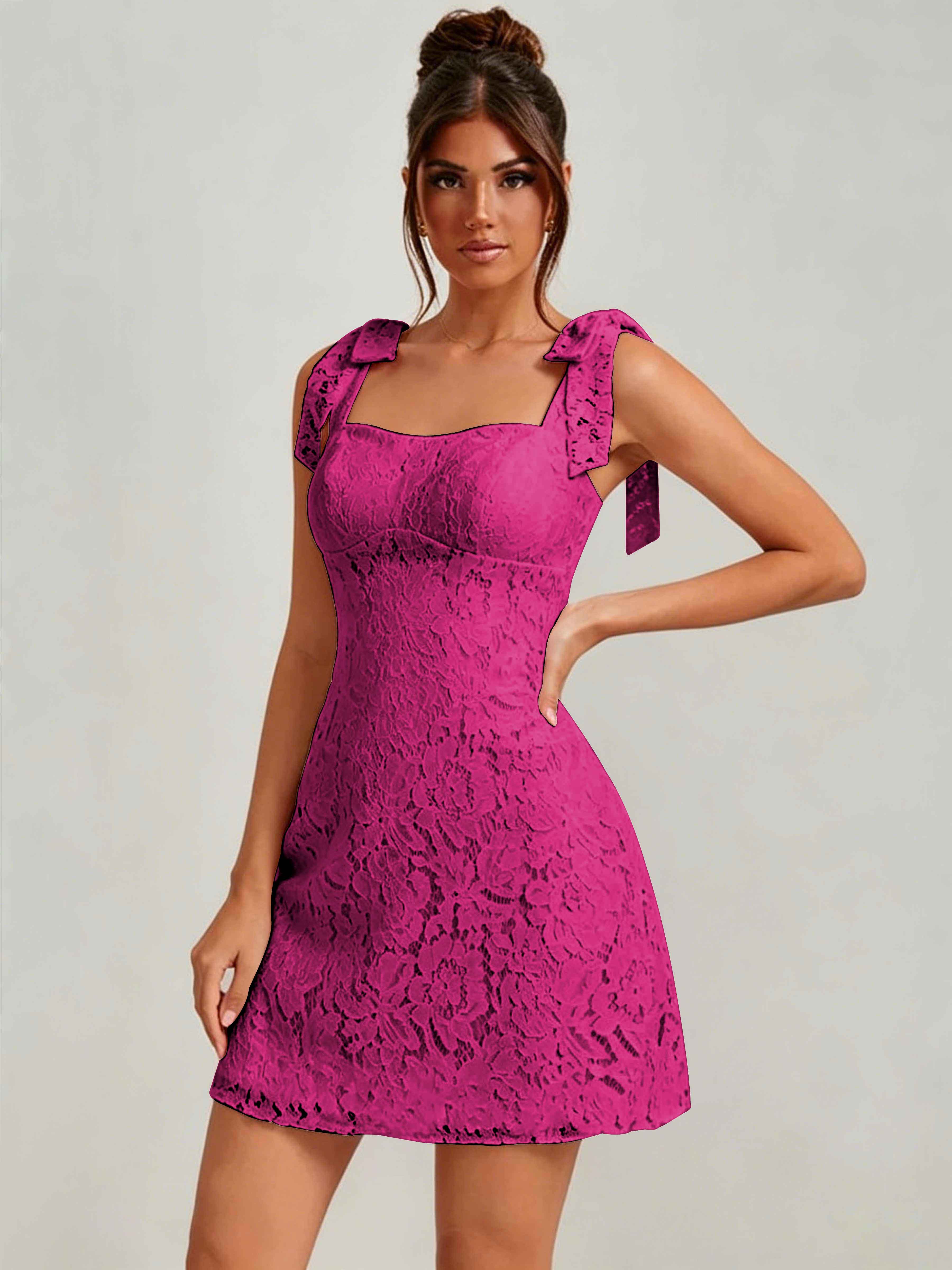 ROVDESY Bow Tie Spaghetti Strap A-Line  Floral Lace Mini Dress