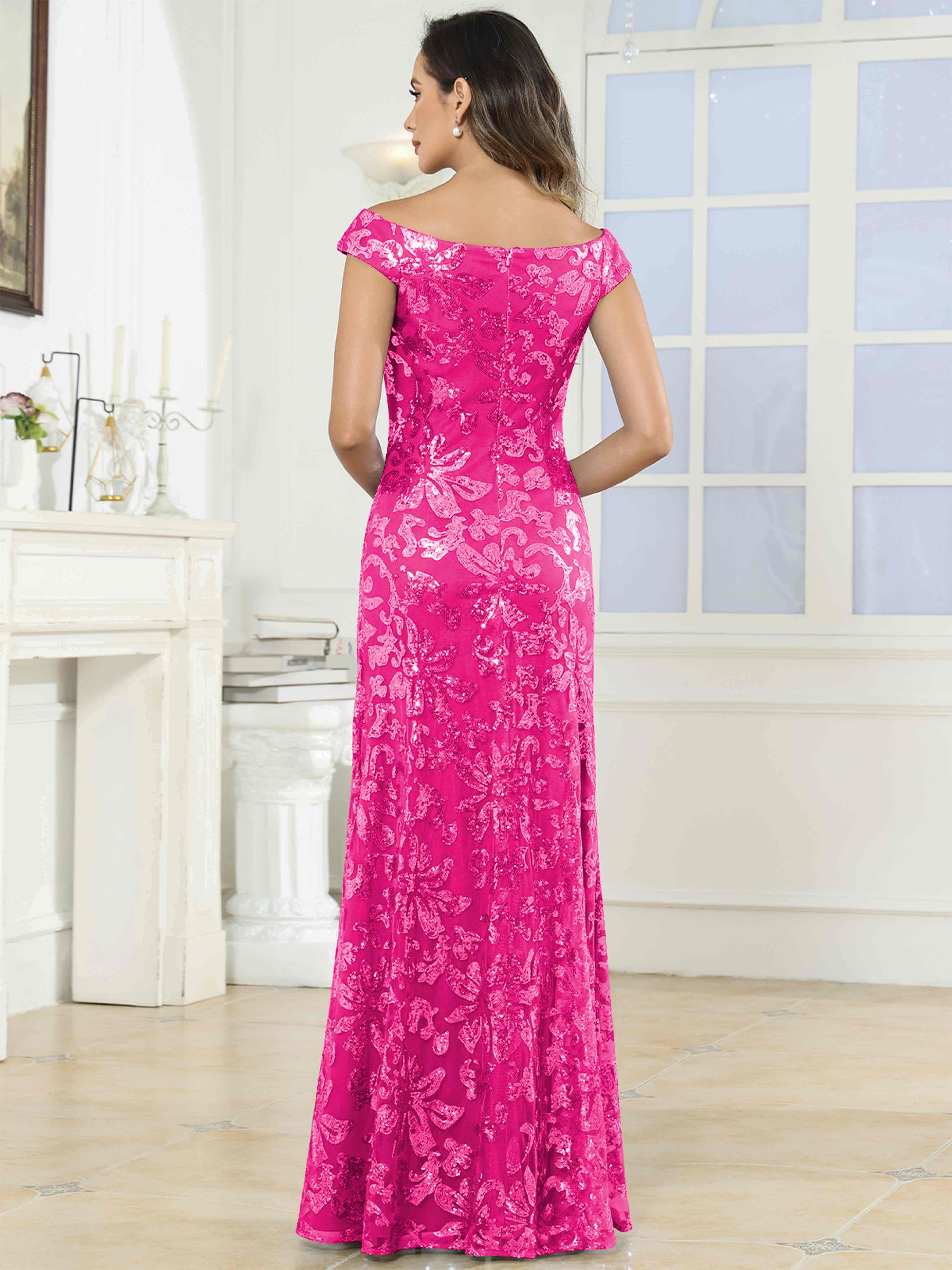 ROVDESY Off-The-Shoulder Mermaid Sequin Mother Of The Bride Dress Formal Gown