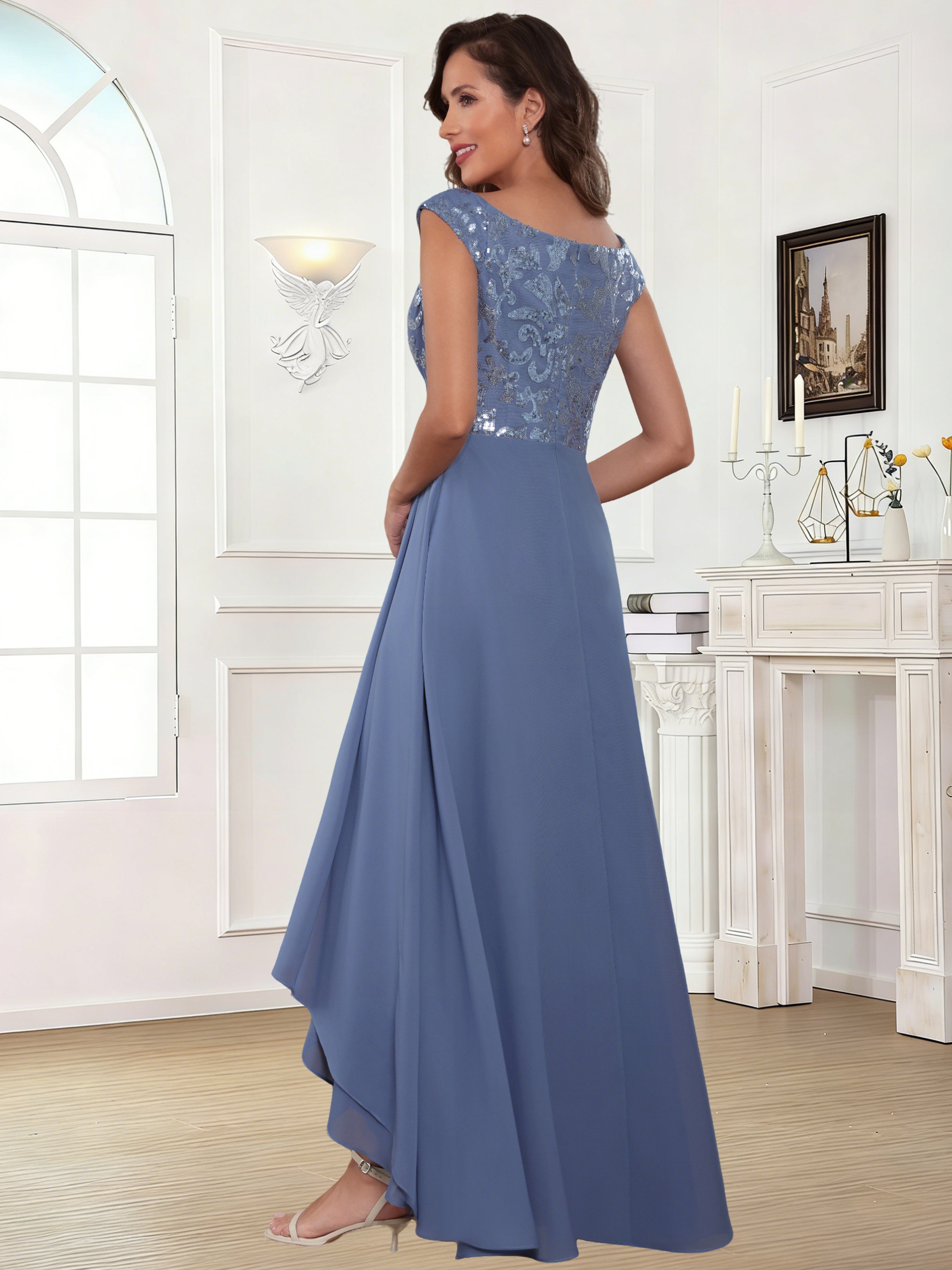 ROVDESY Tea Length Off-The-Shoulder Sequin Chiffon Mother Of The Bride Dress