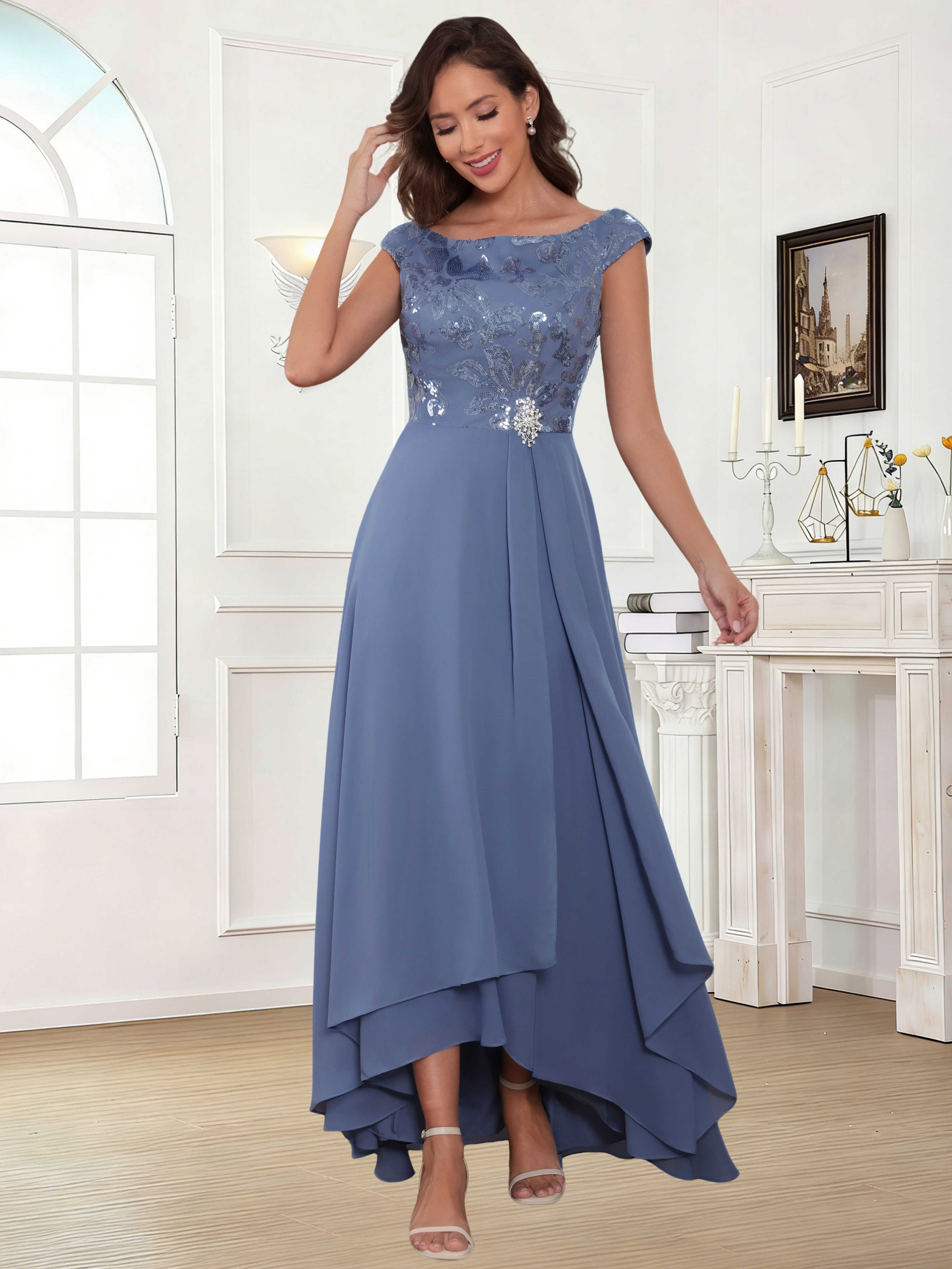 ROVDESY Tea Length Off-The-Shoulder Sequin Chiffon Mother Of The Bride Dress