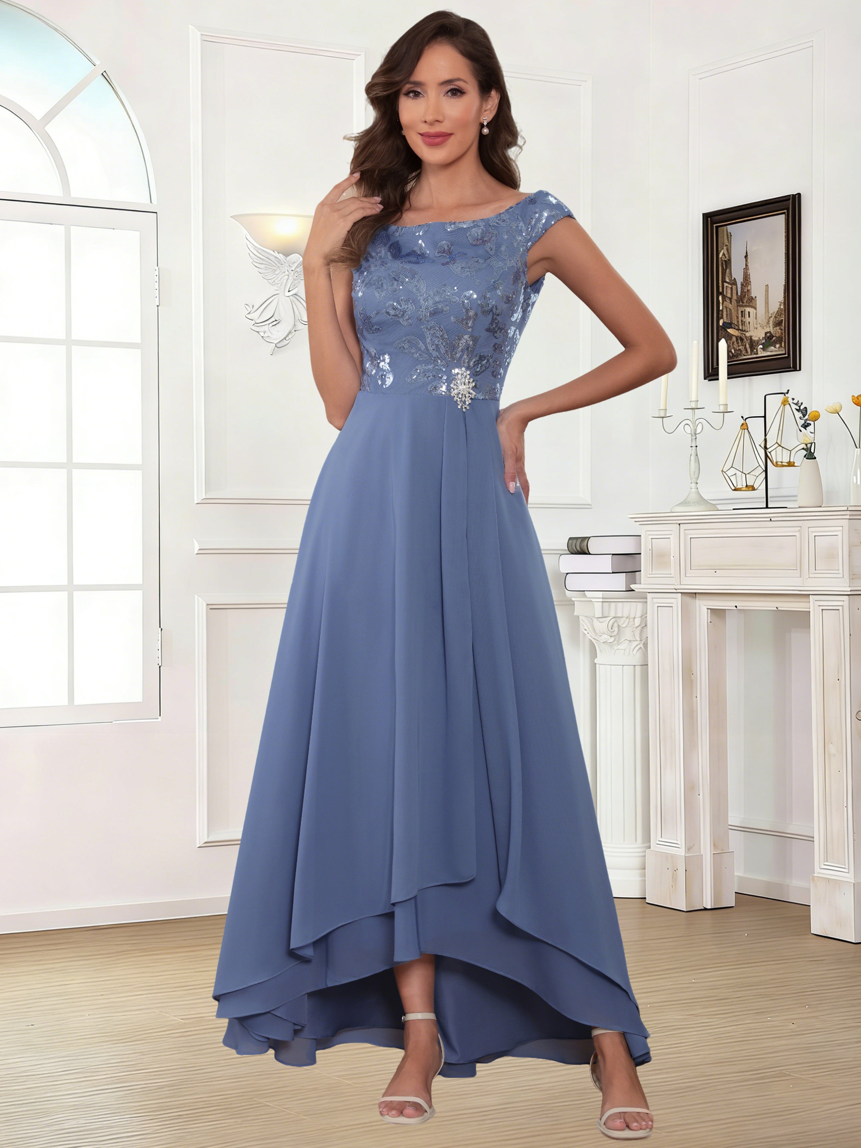ROVDESY Tea Length Off-The-Shoulder Sequin Chiffon Mother Of The Bride Dress