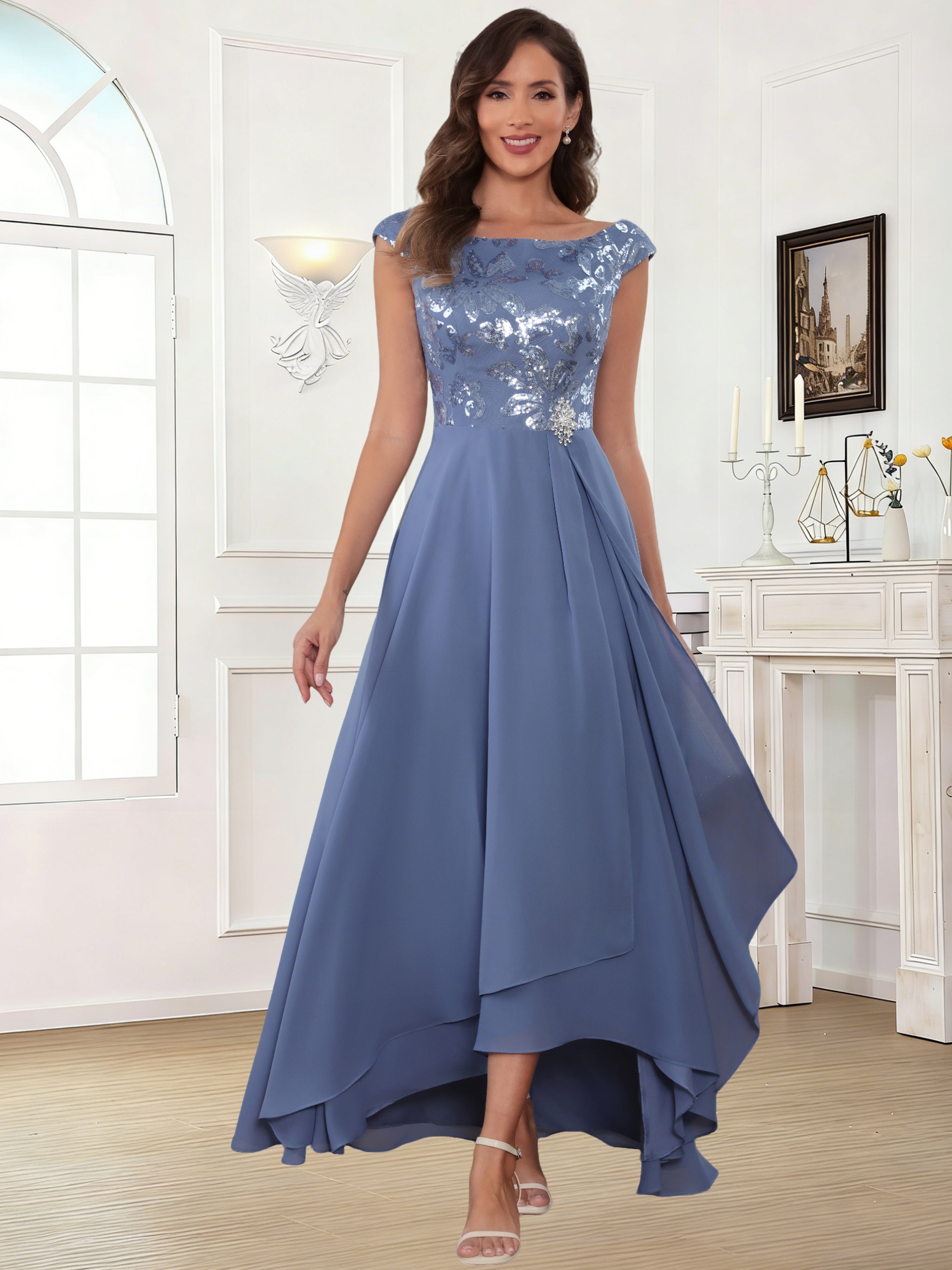 ROVDESY Tea Length Off-The-Shoulder Sequin Chiffon Mother Of The Bride Dress