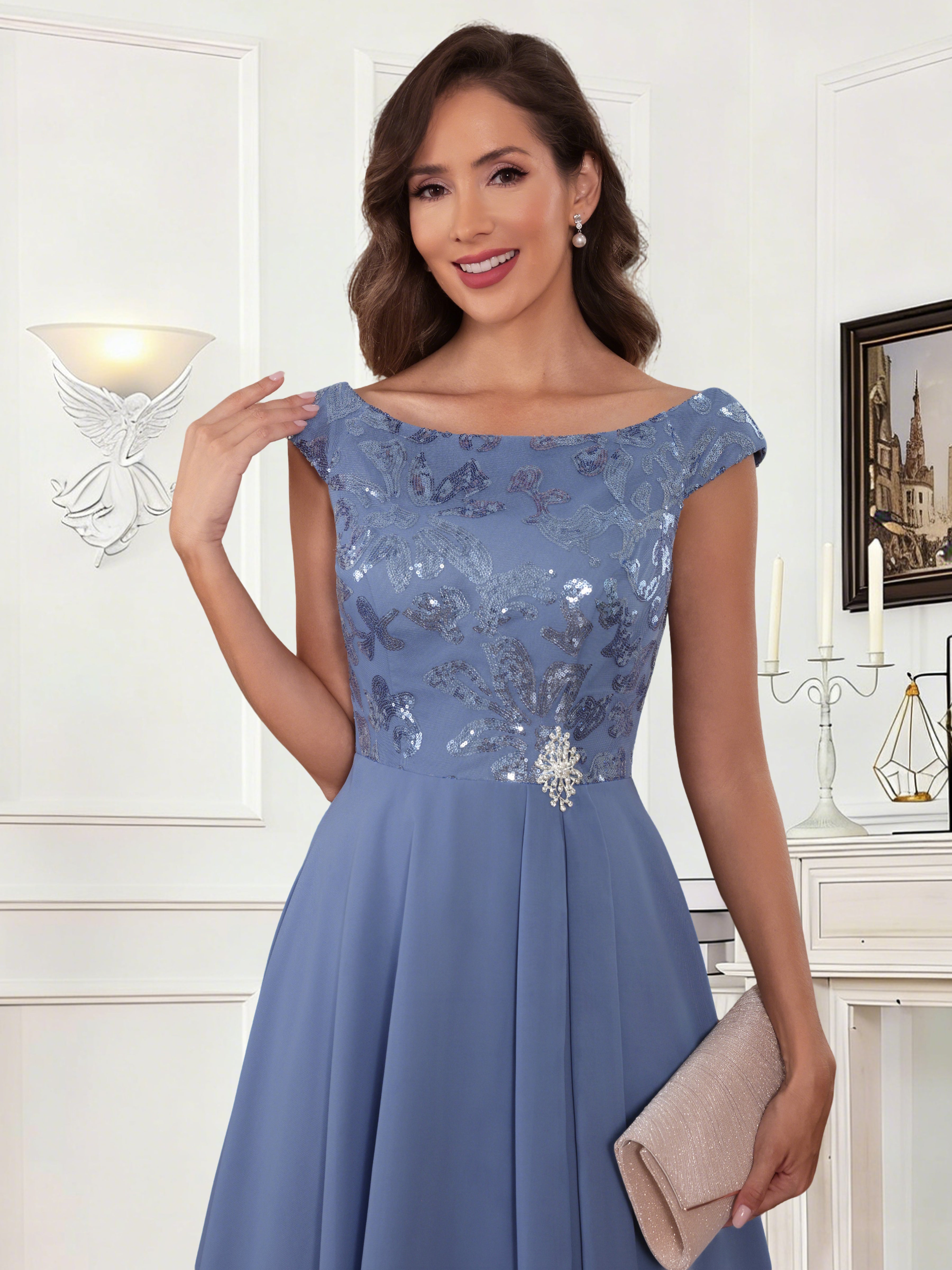ROVDESY Tea Length Off-The-Shoulder Sequin Chiffon Mother Of The Bride Dress