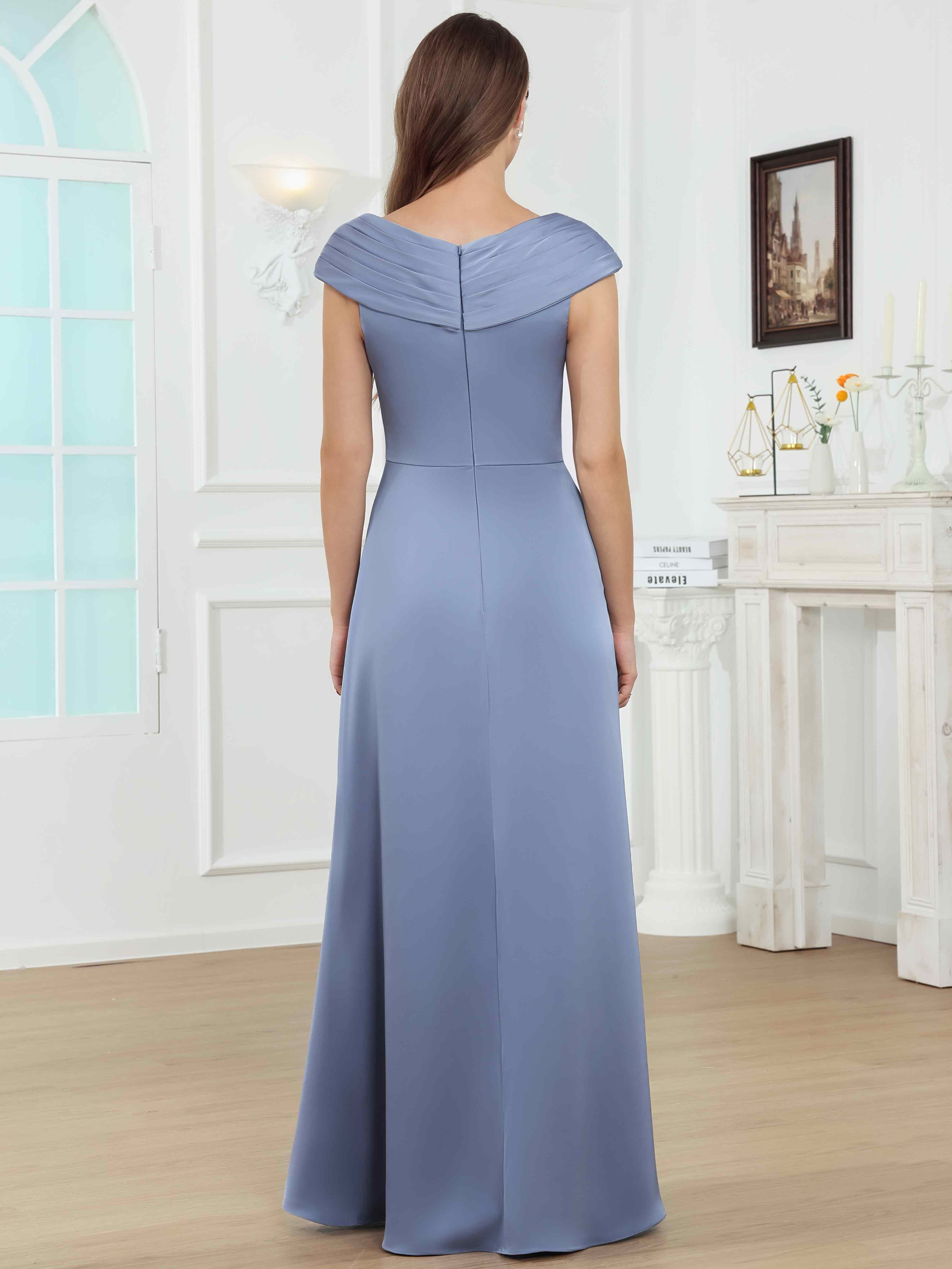 ROVDESY V-Neck Off The Shoulder Pleated Satin Mother Of The Bride Dress With Slit