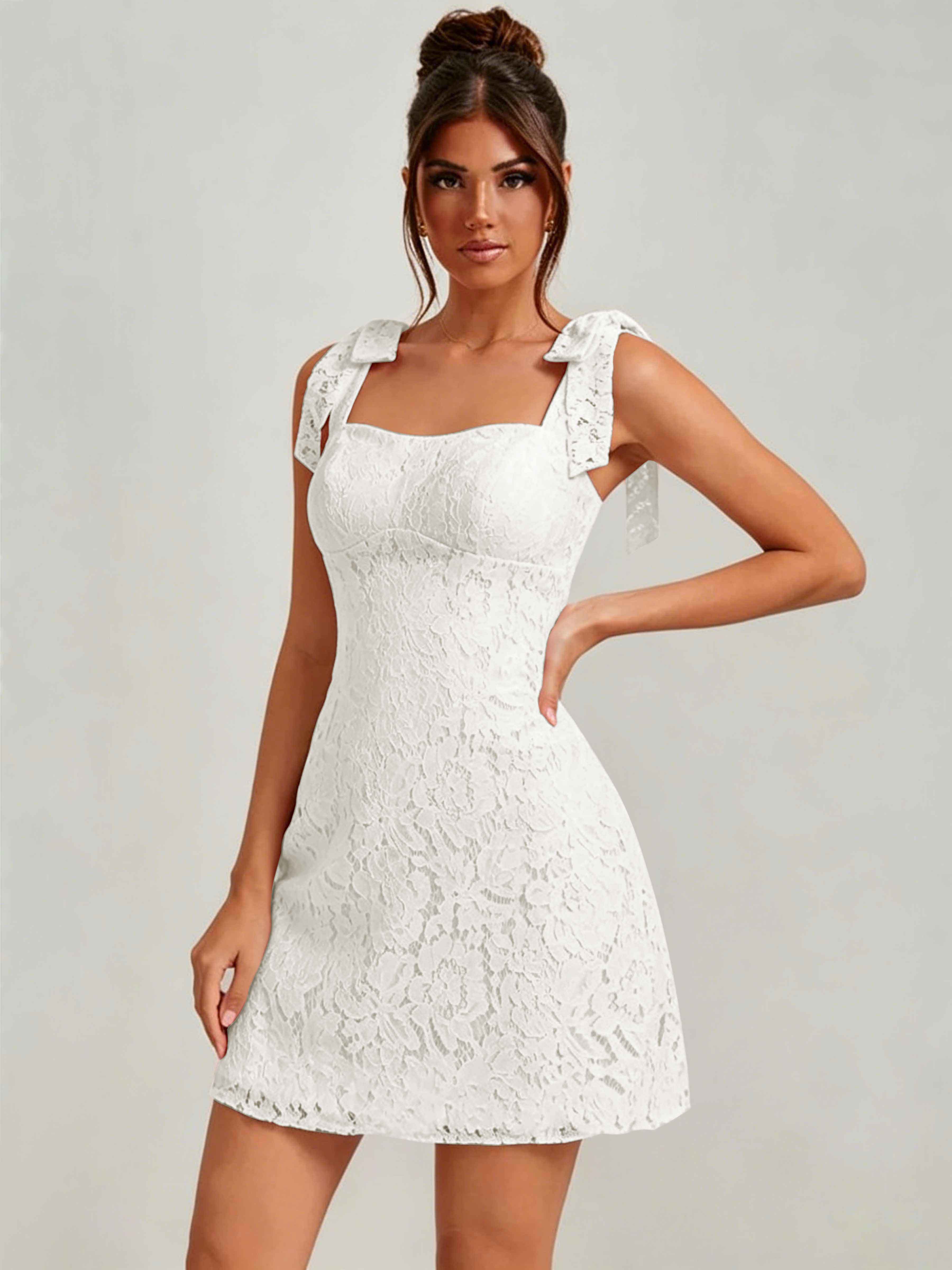 ROVDESY Bow Tie Spaghetti Strap A-Line  Floral Lace Mini Dress