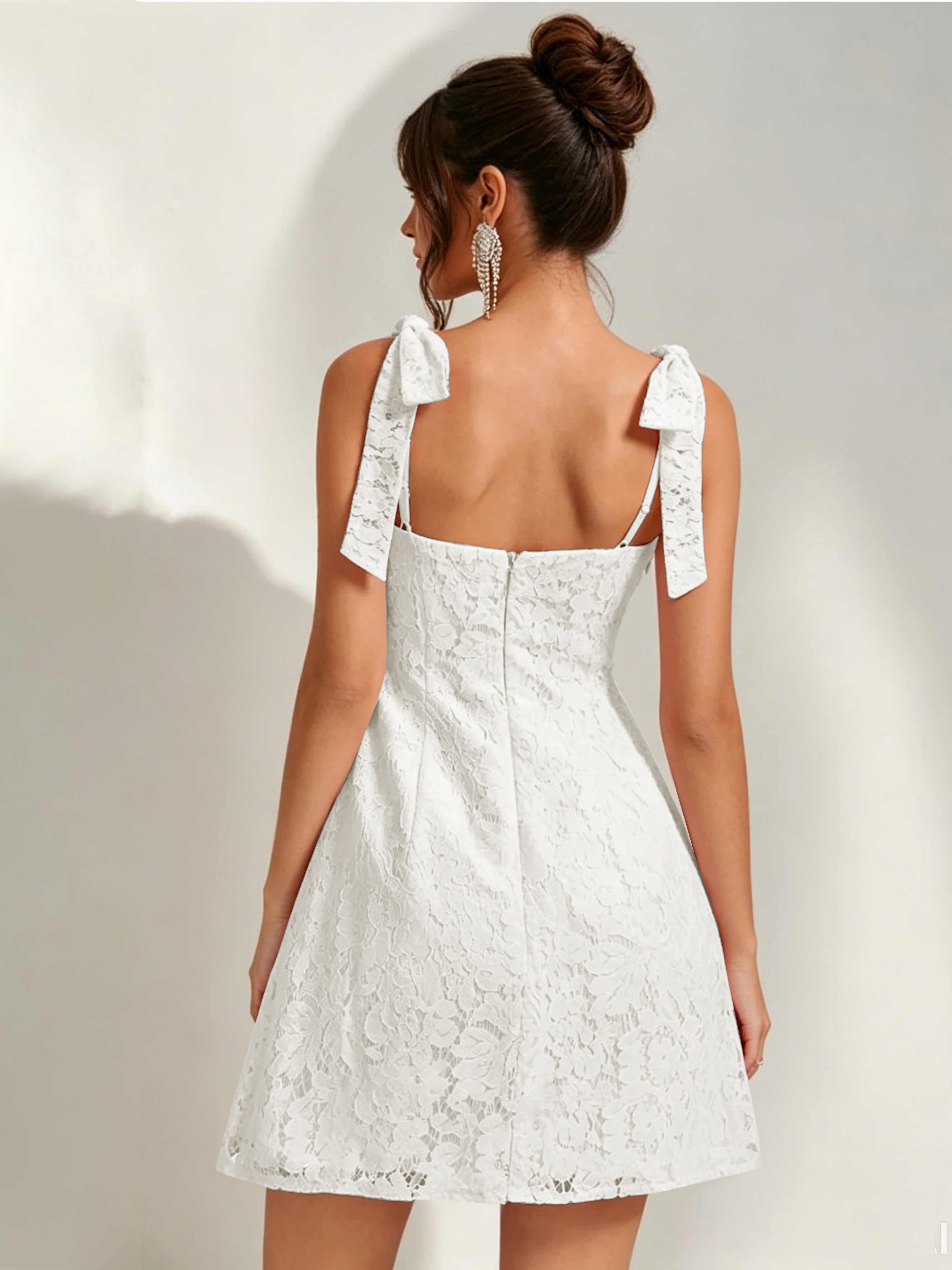 ROVDESY Bow Tie Spaghetti Strap A-Line  Floral Lace Mini Dress