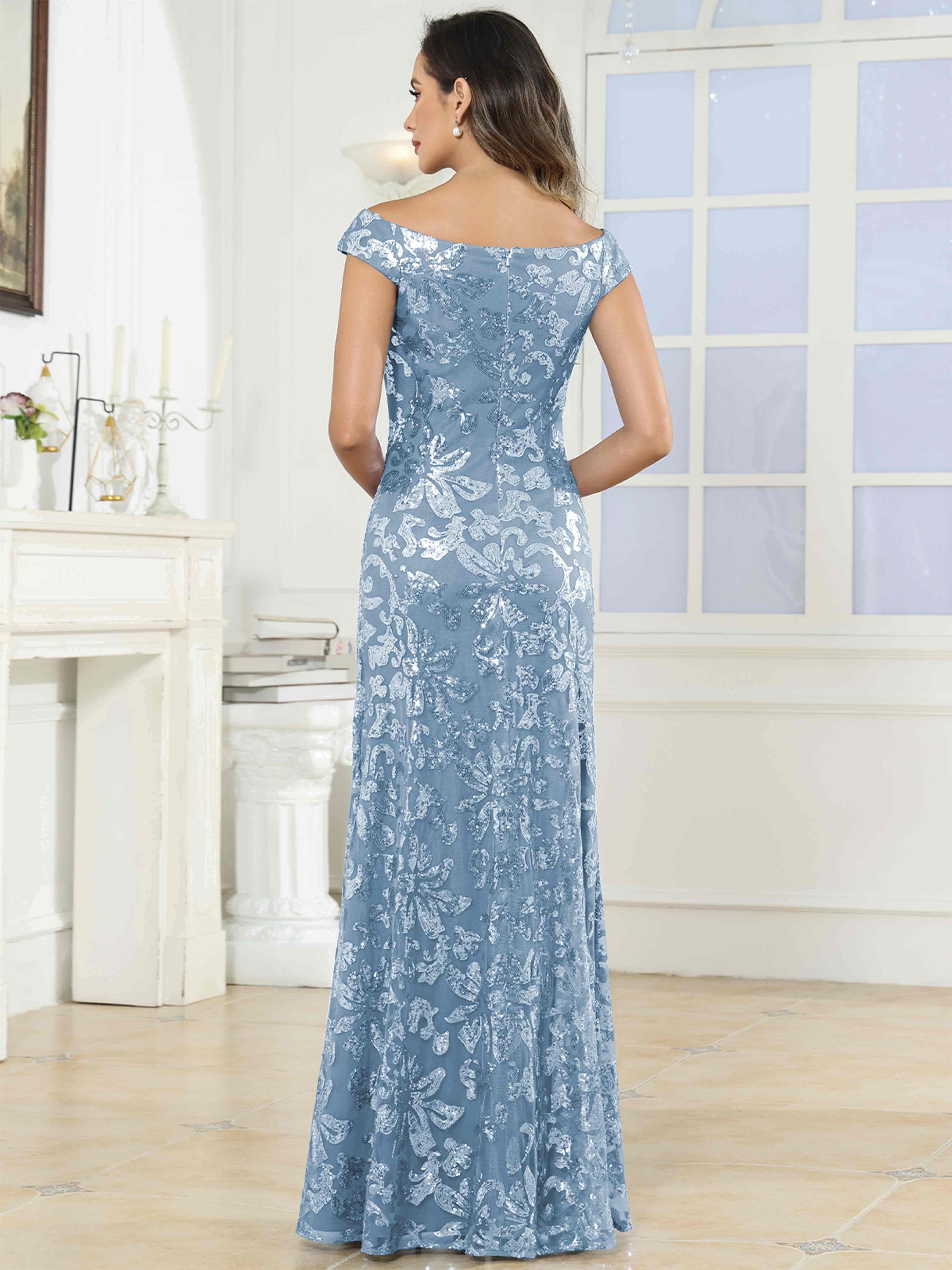ROVDESY Off-The-Shoulder Mermaid Sequin Mother Of The Bride Dress Formal Gown