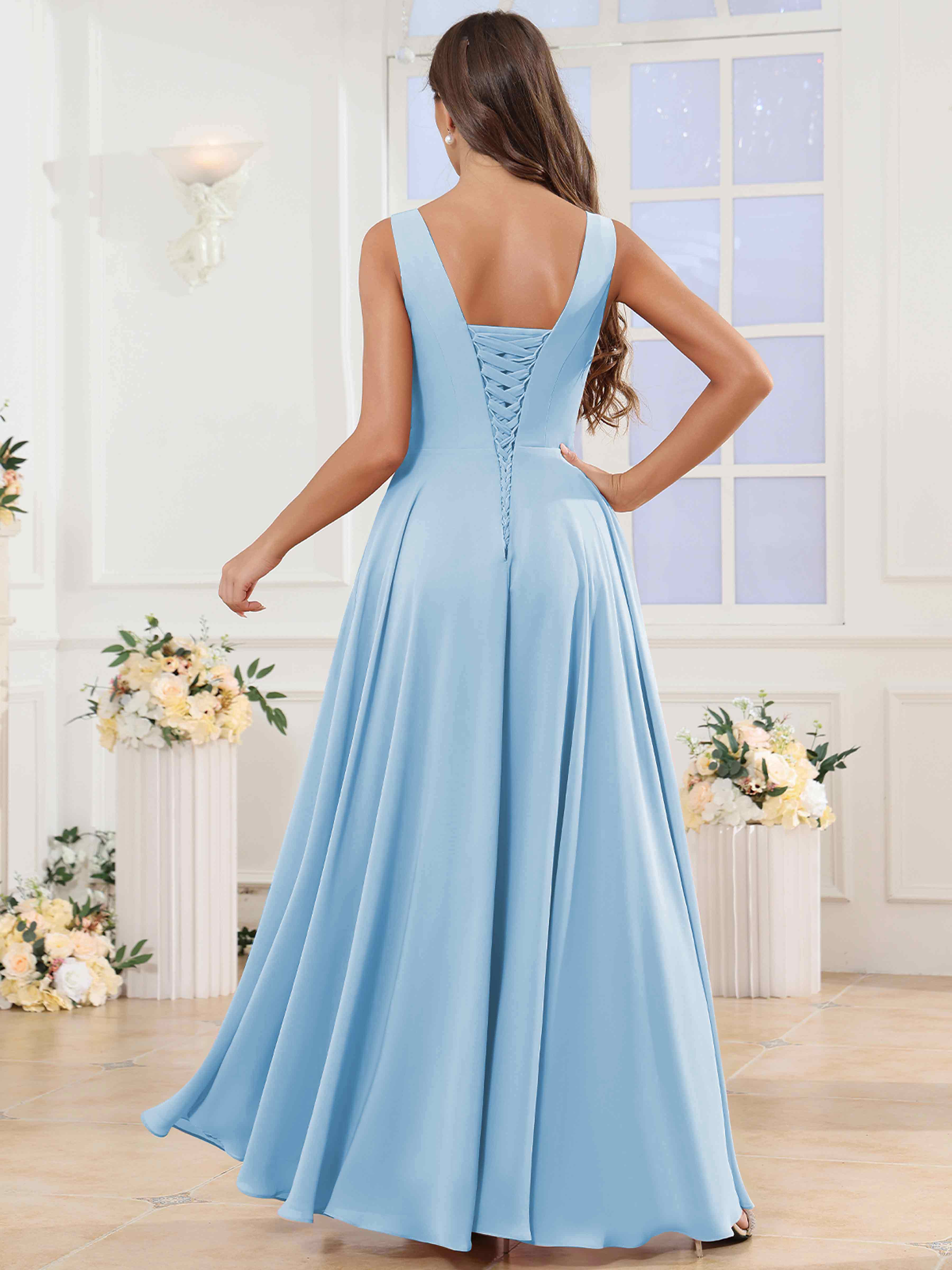 ROVDESY V-Neck Pleated Sleeveless Ruffle Chiffon Bridesmaid Dress With Slit