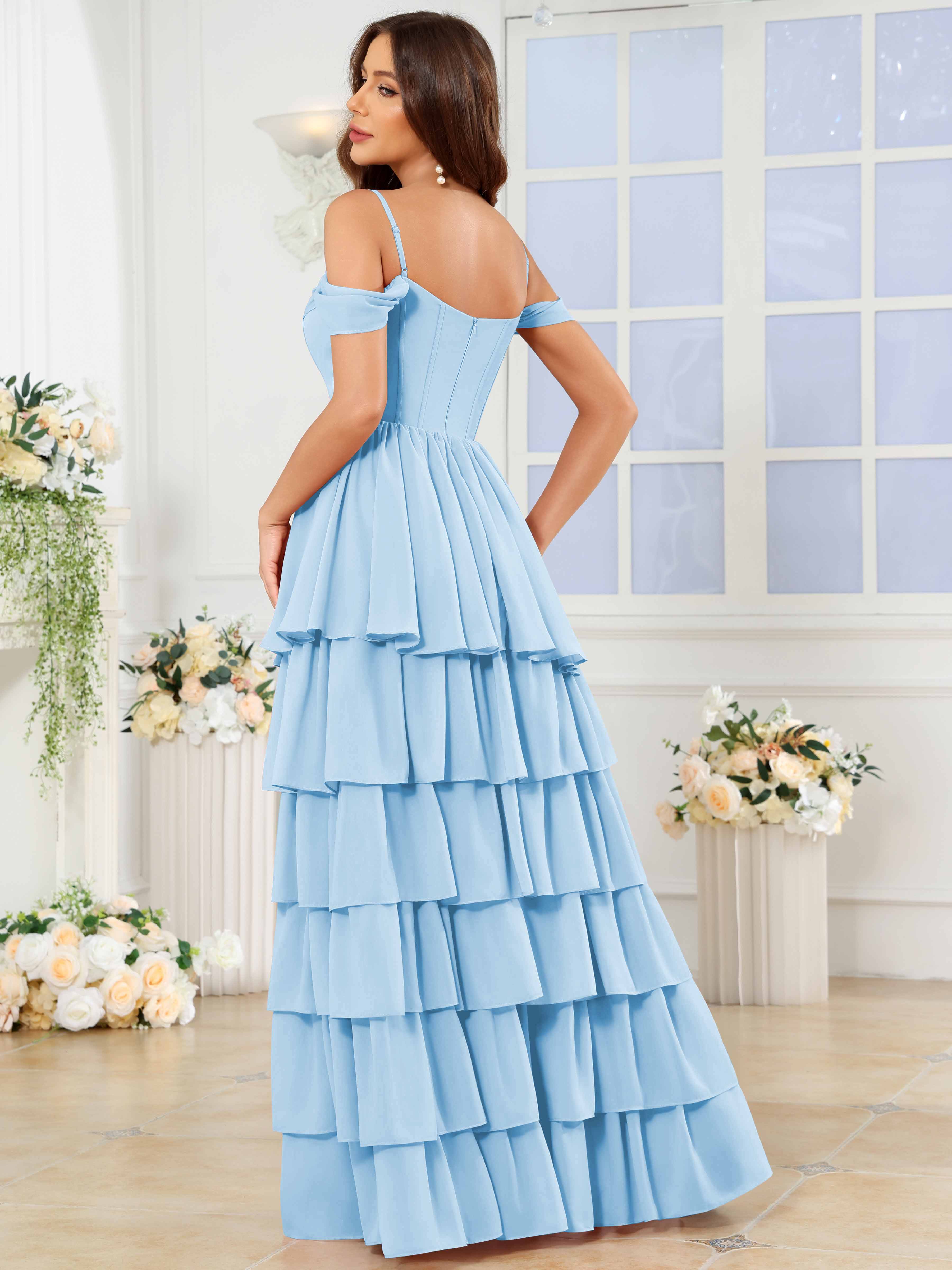 ROVDESY A-Line Off The Shoulder Tiered Chiffon Bridesmaid/Prom Dress With Slit