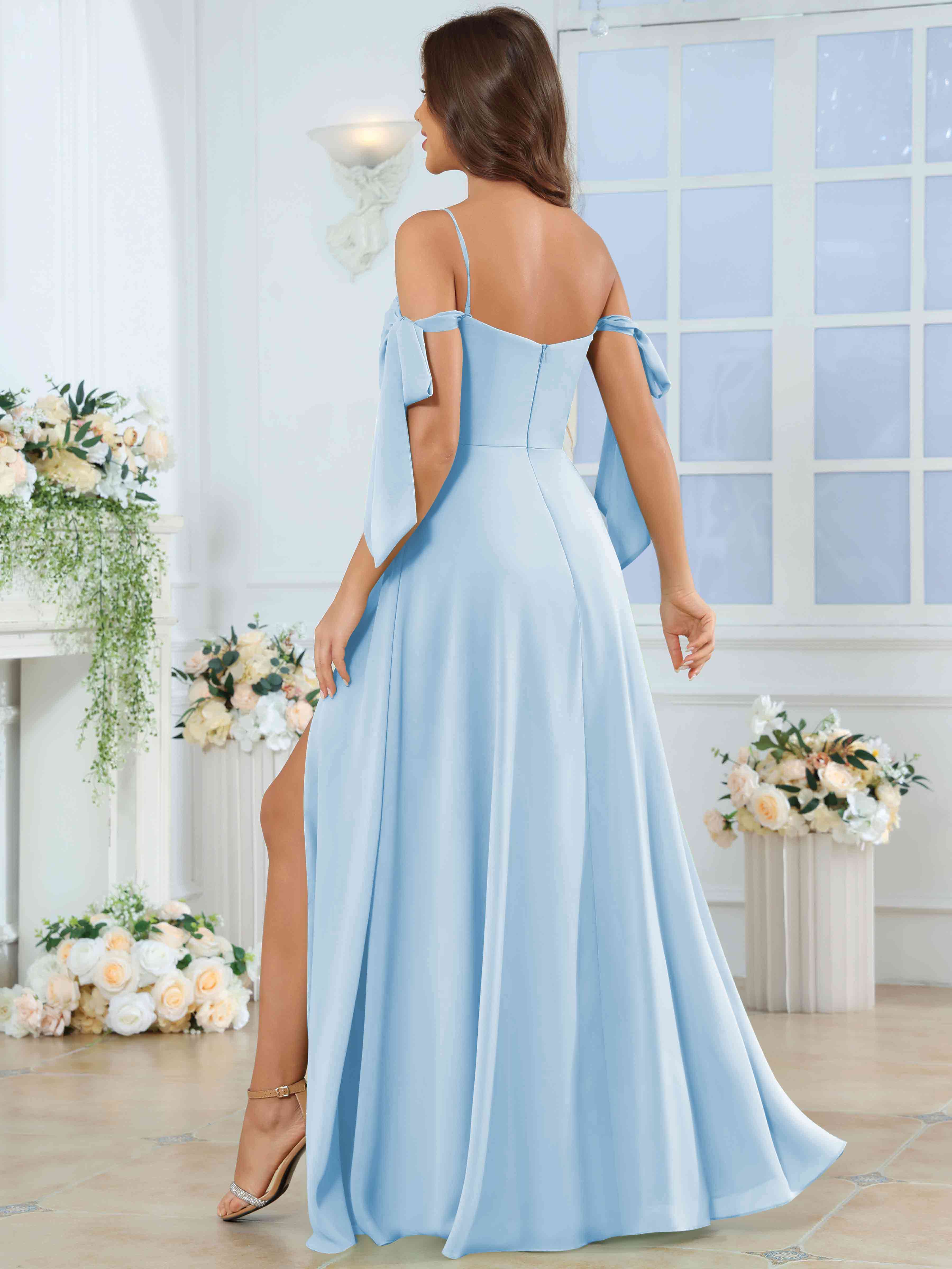 ROVDESY Spaghetti Strap Pleated Ruffle Slit Chiffon Bridesmaid Dress With Bow Sleeves