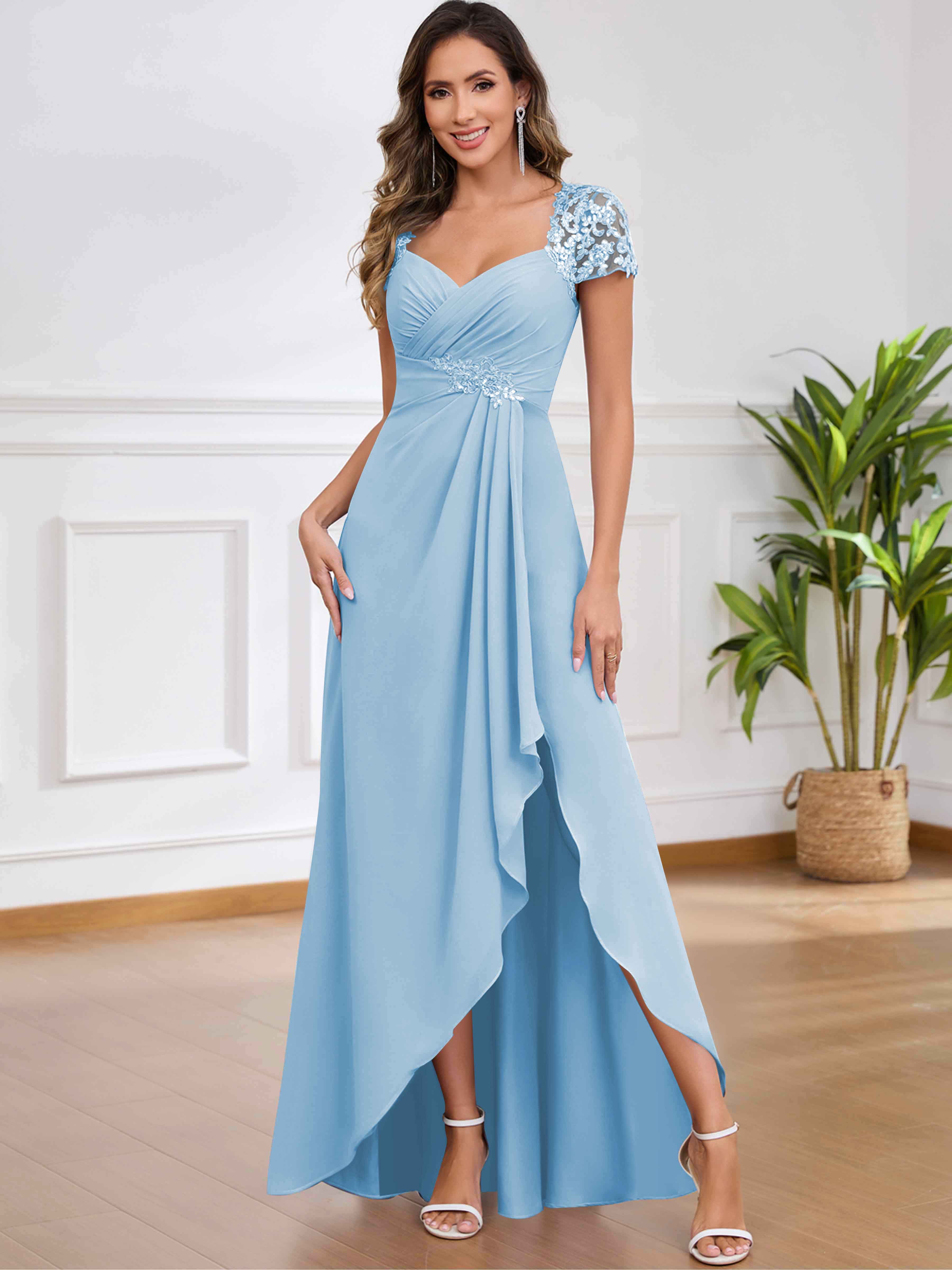 ROVDESY A-Line Pleated Lace Sequin Ruffle Chiffon Mother Of The Bride Dress With Slit