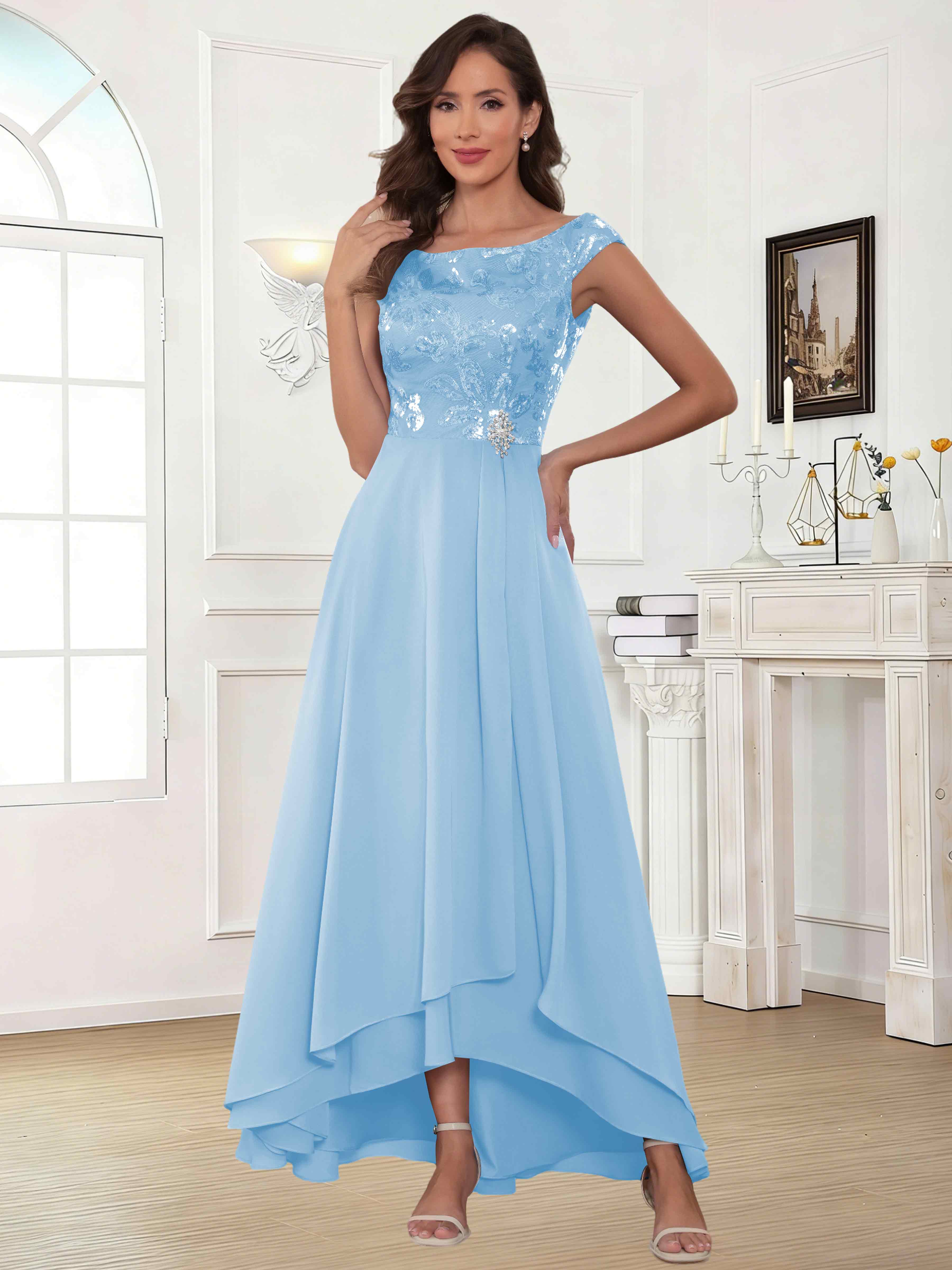 ROVDESY Tea Length Off-The-Shoulder Sequin Chiffon Mother Of The Bride Dress