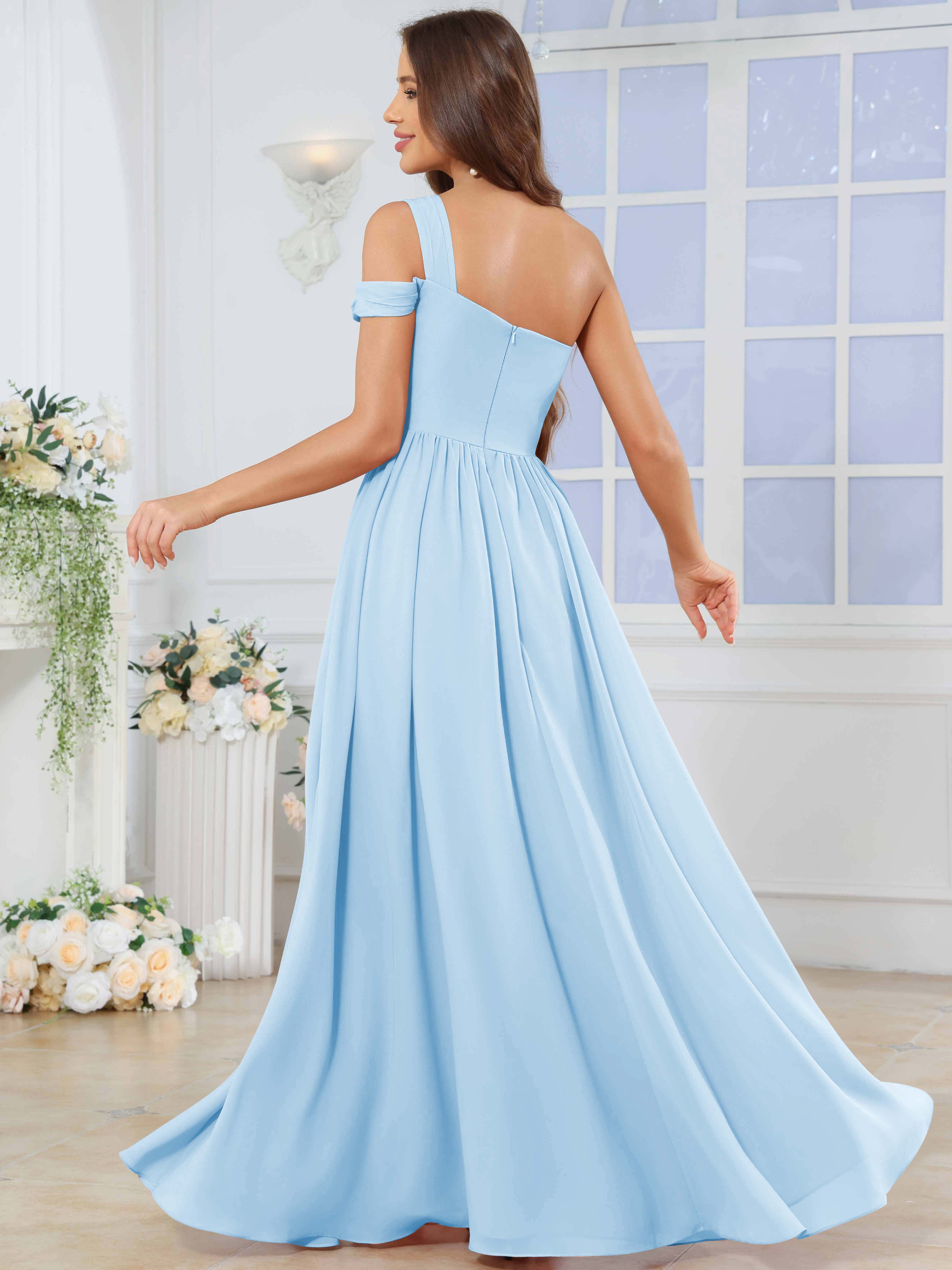 ROVDESY One Shoulder Pleated Chiffon Bridesmaid Dress With Slit