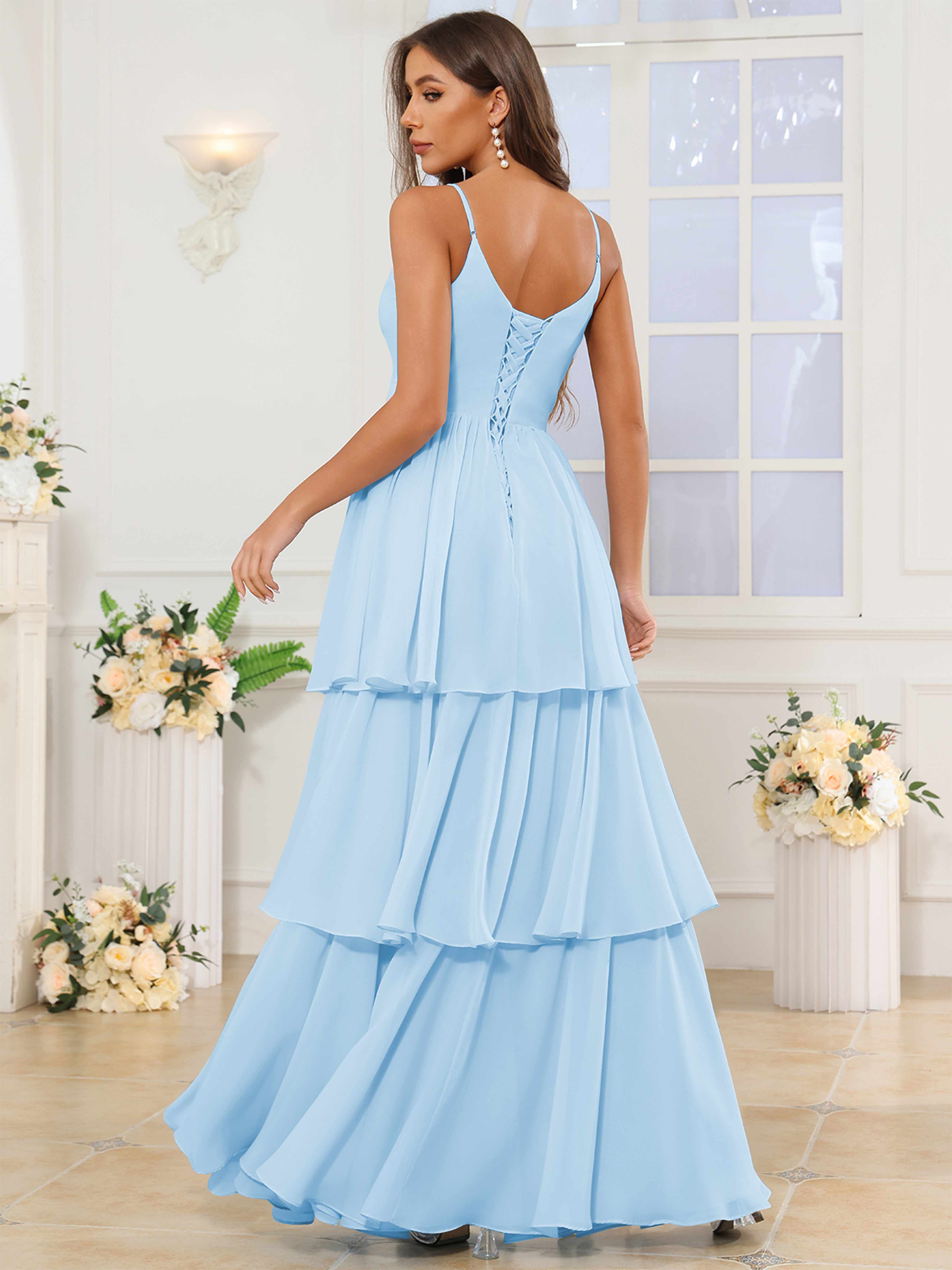 ROVDESY V-Neck Spaghetti Straps Tiered Chiffon Bridesmaid Dress With Ruffles