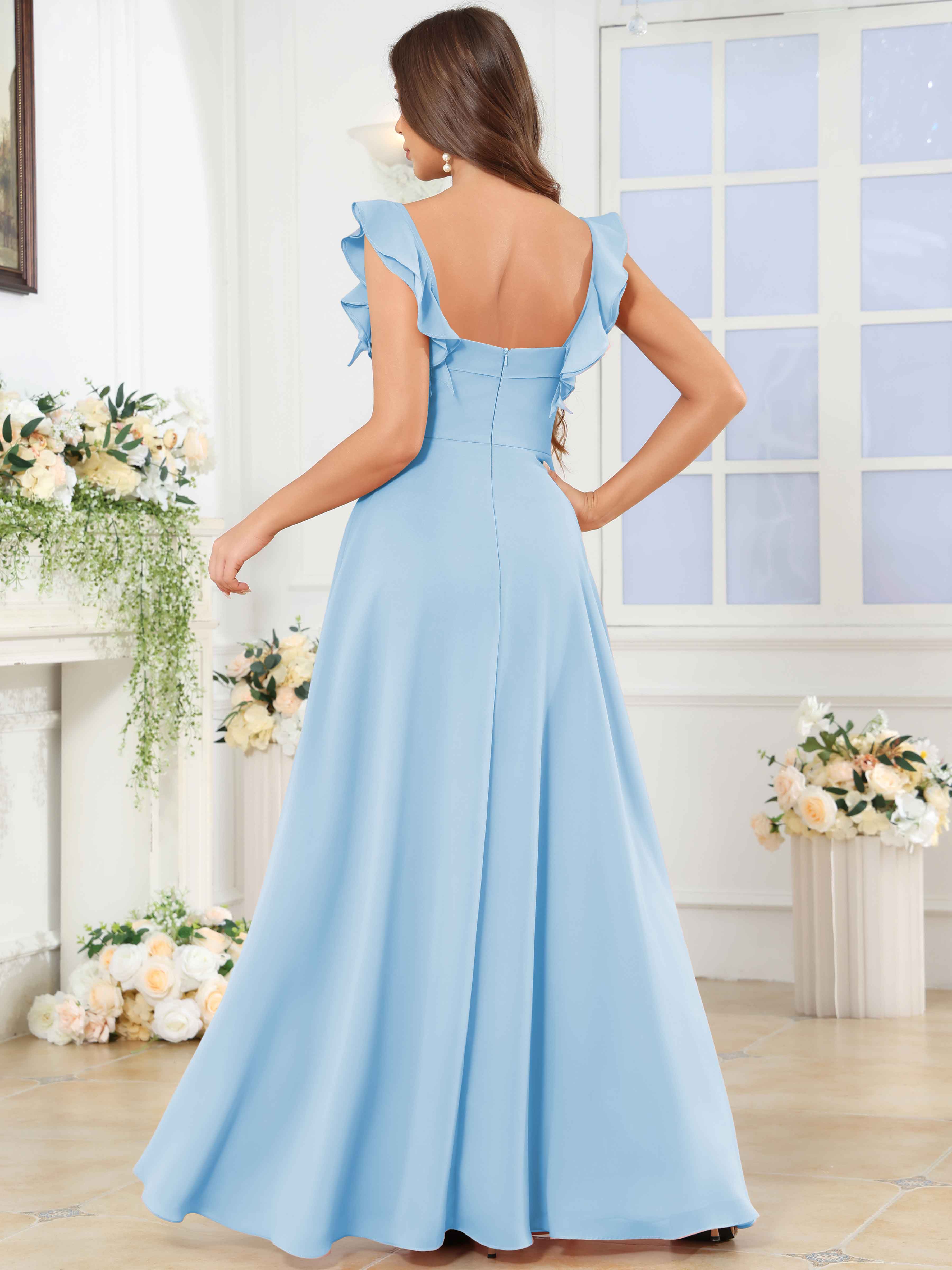 ROVDESY Square Neck Ruffle Chffion Bridesmaid Dress With Slit