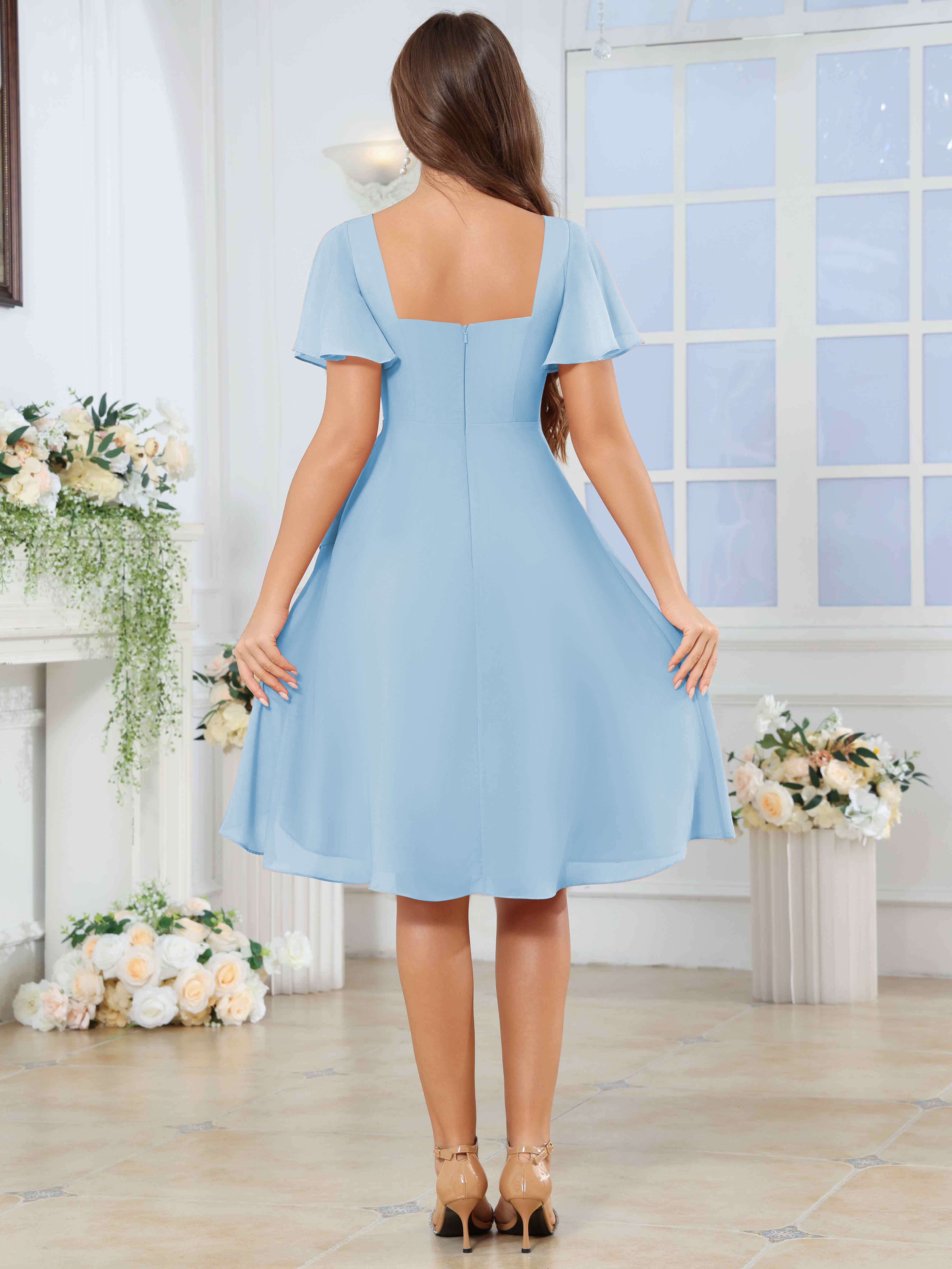 ROVDESY Knee Length V-Neck Pleated Chiffon Bridesmaid Dress With Short Sleeves