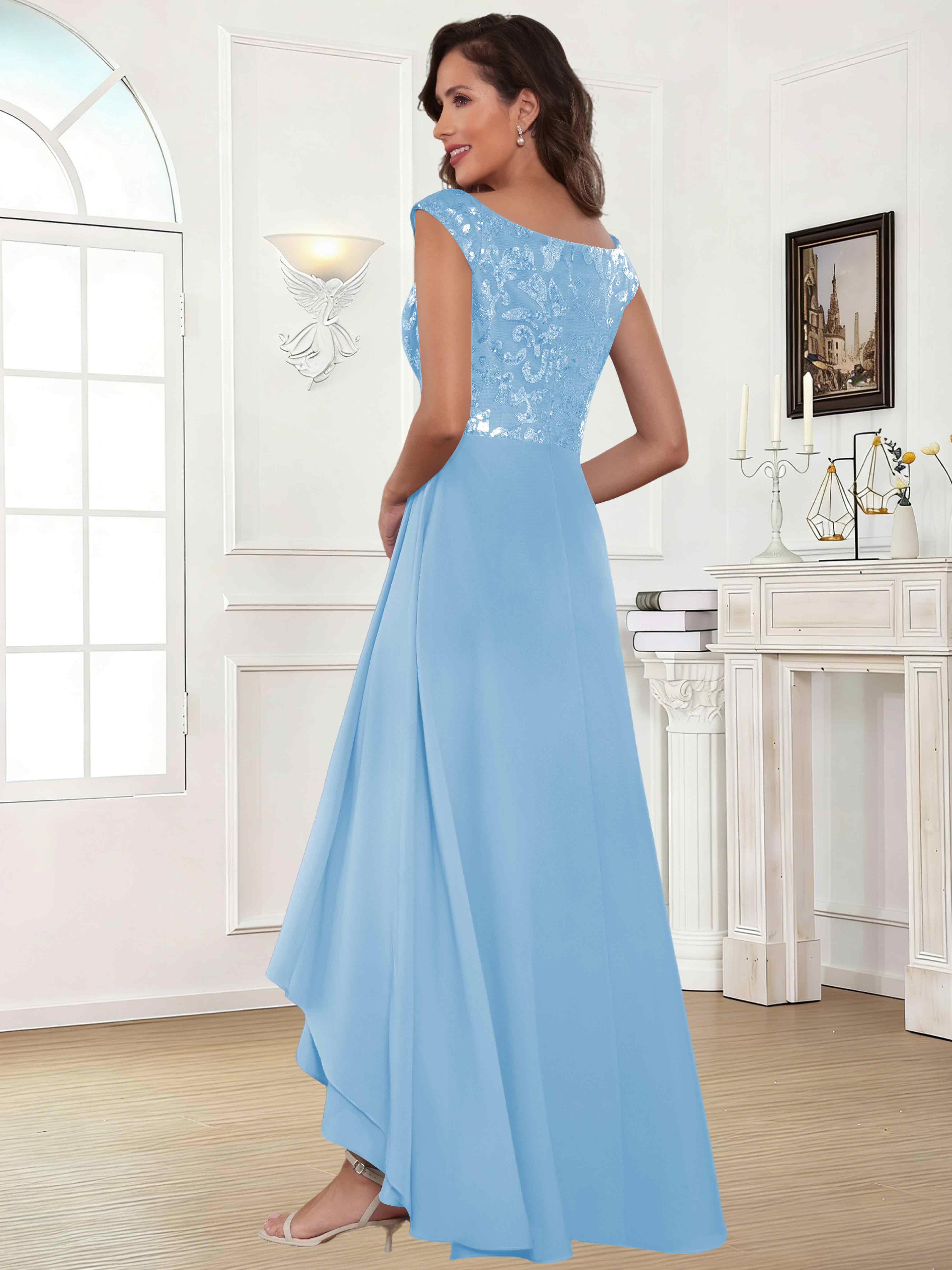 ROVDESY Tea Length Off-The-Shoulder Sequin Chiffon Mother Of The Bride Dress