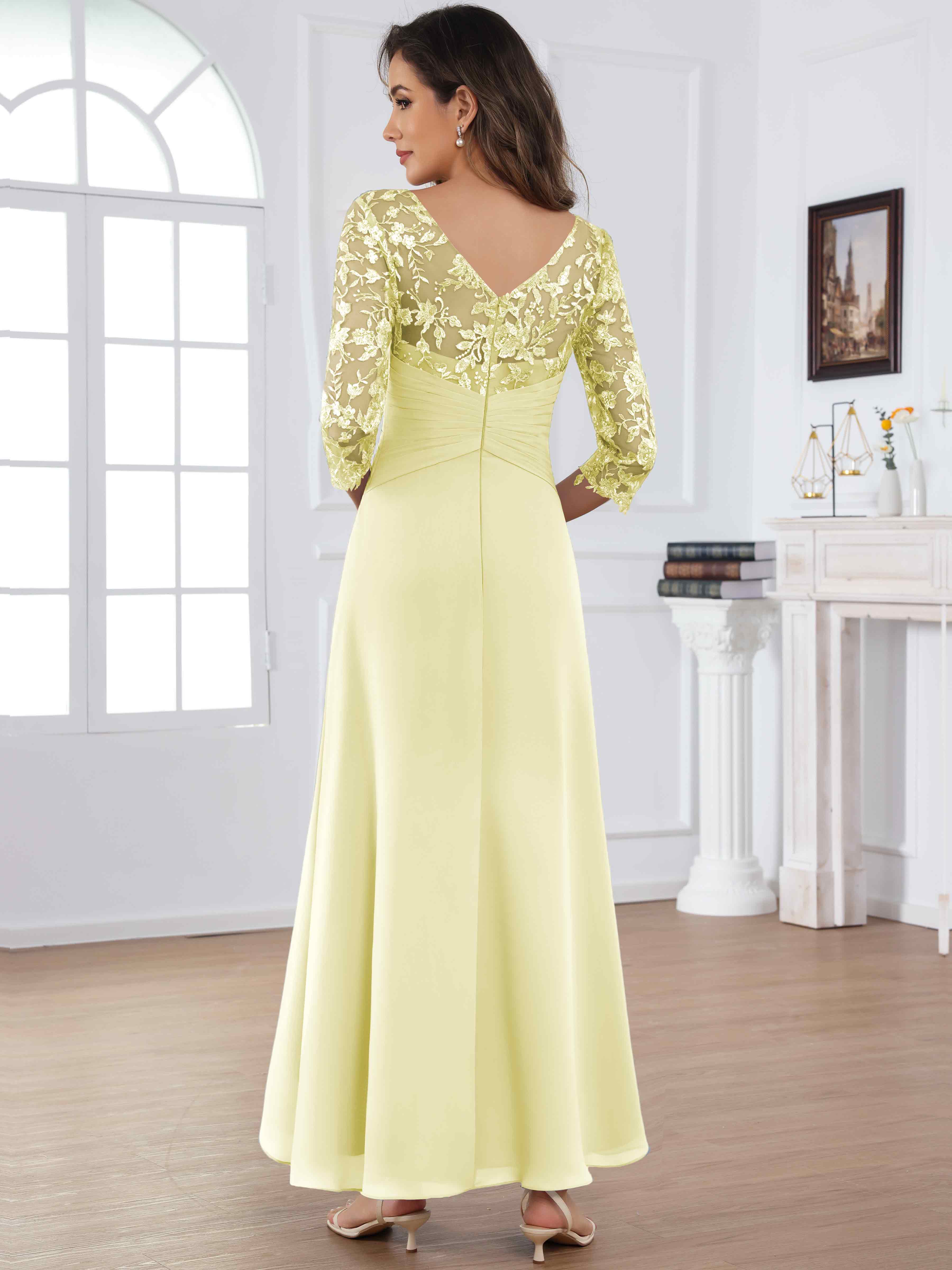 ROVDESY Tea Length Lace Chiffon Mother of The Bride Dress with 3/4 Sleeves