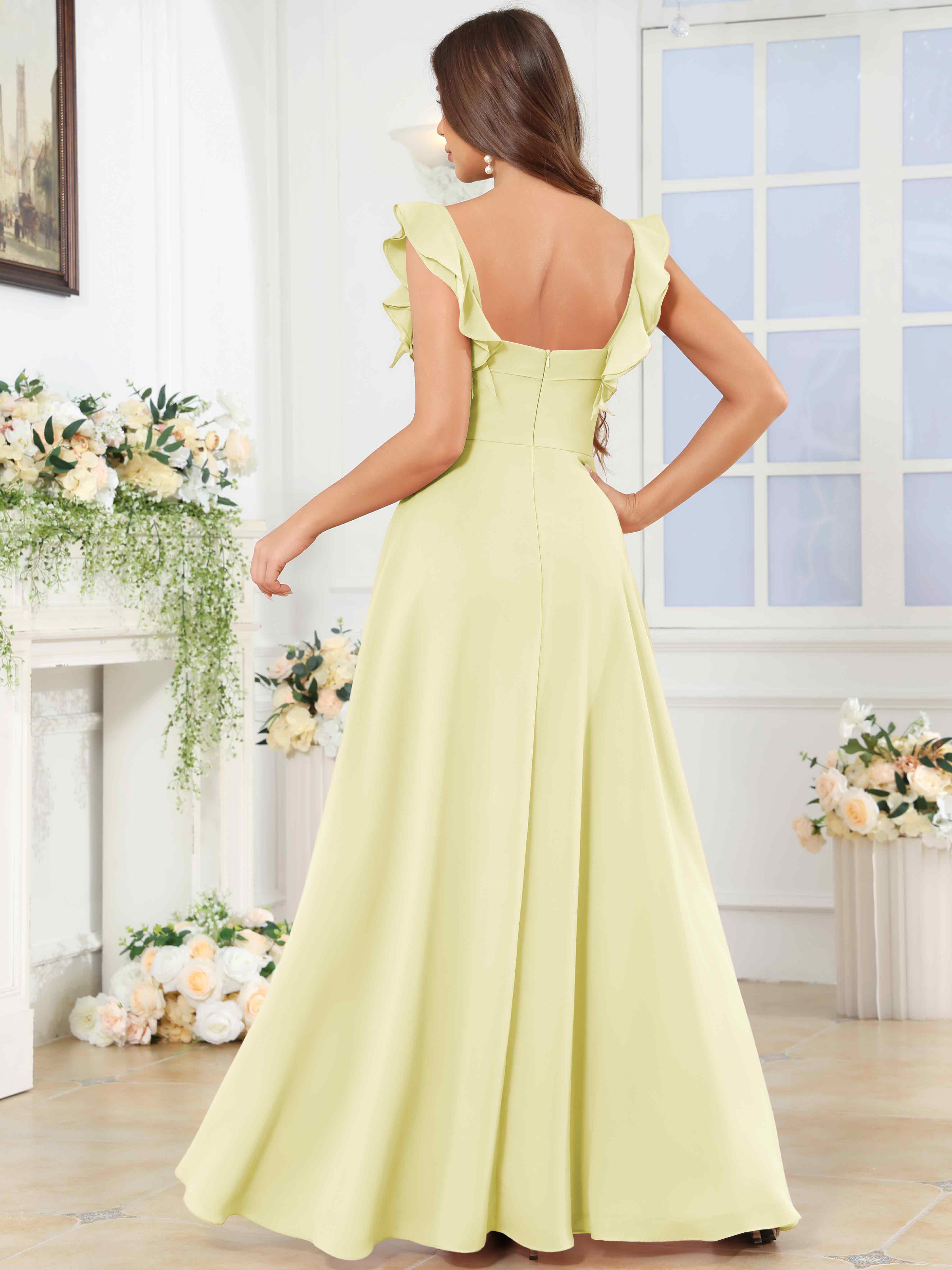 ROVDESY Square Neck Ruffle Chffion Bridesmaid Dress With Slit