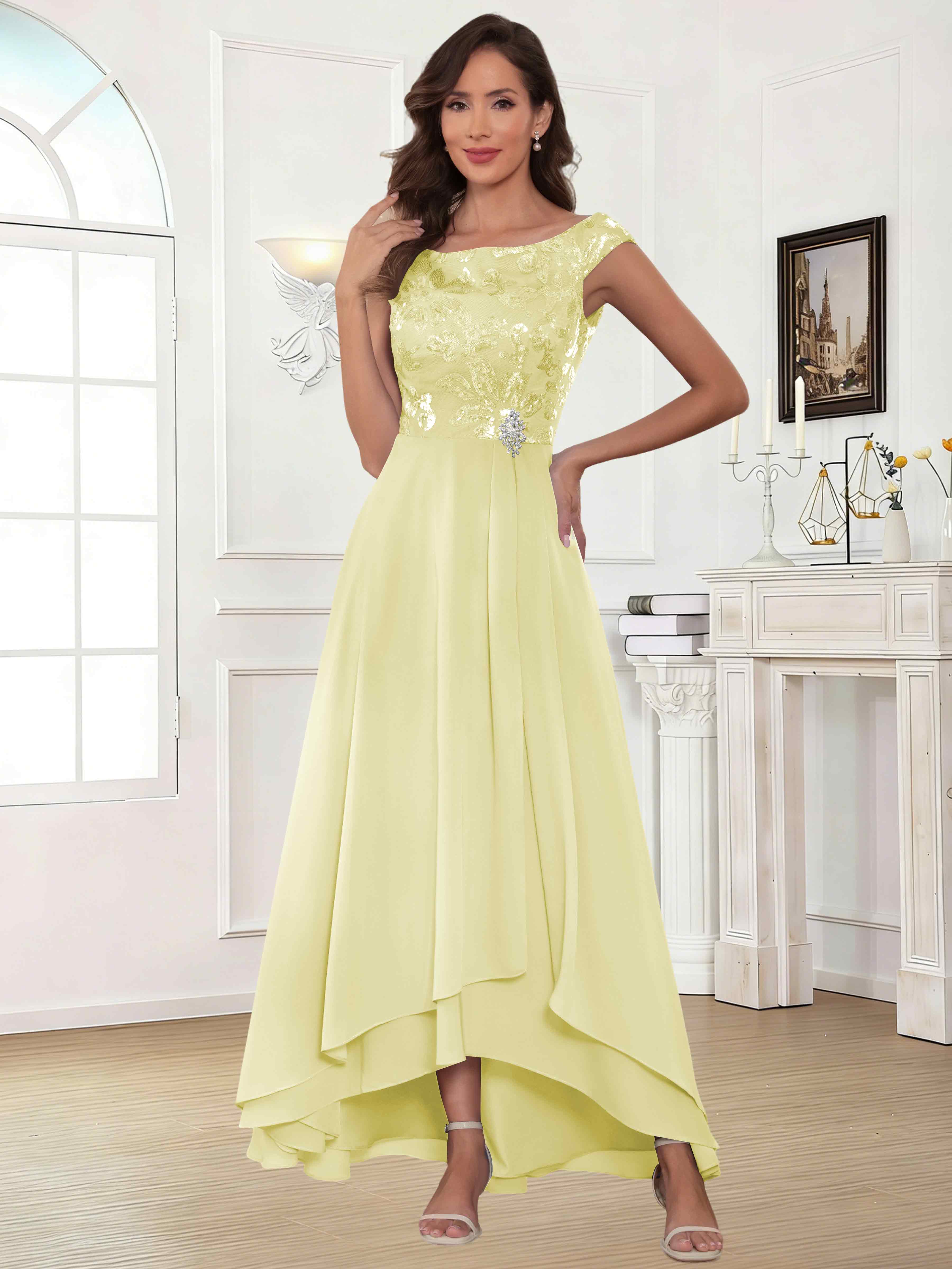 ROVDESY Tea Length Off-The-Shoulder Sequin Chiffon Mother Of The Bride Dress