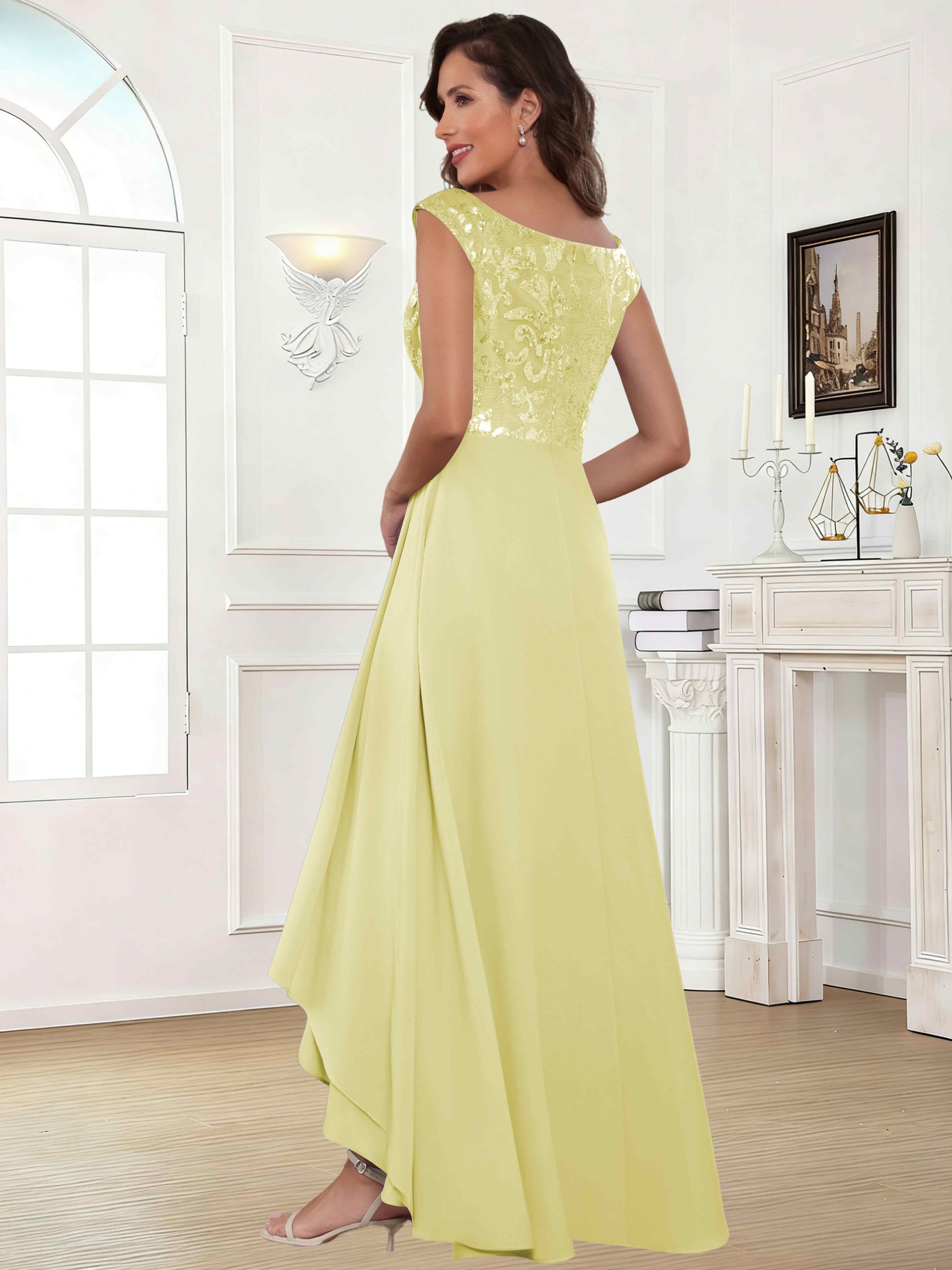 ROVDESY Tea Length Off-The-Shoulder Sequin Chiffon Mother Of The Bride Dress