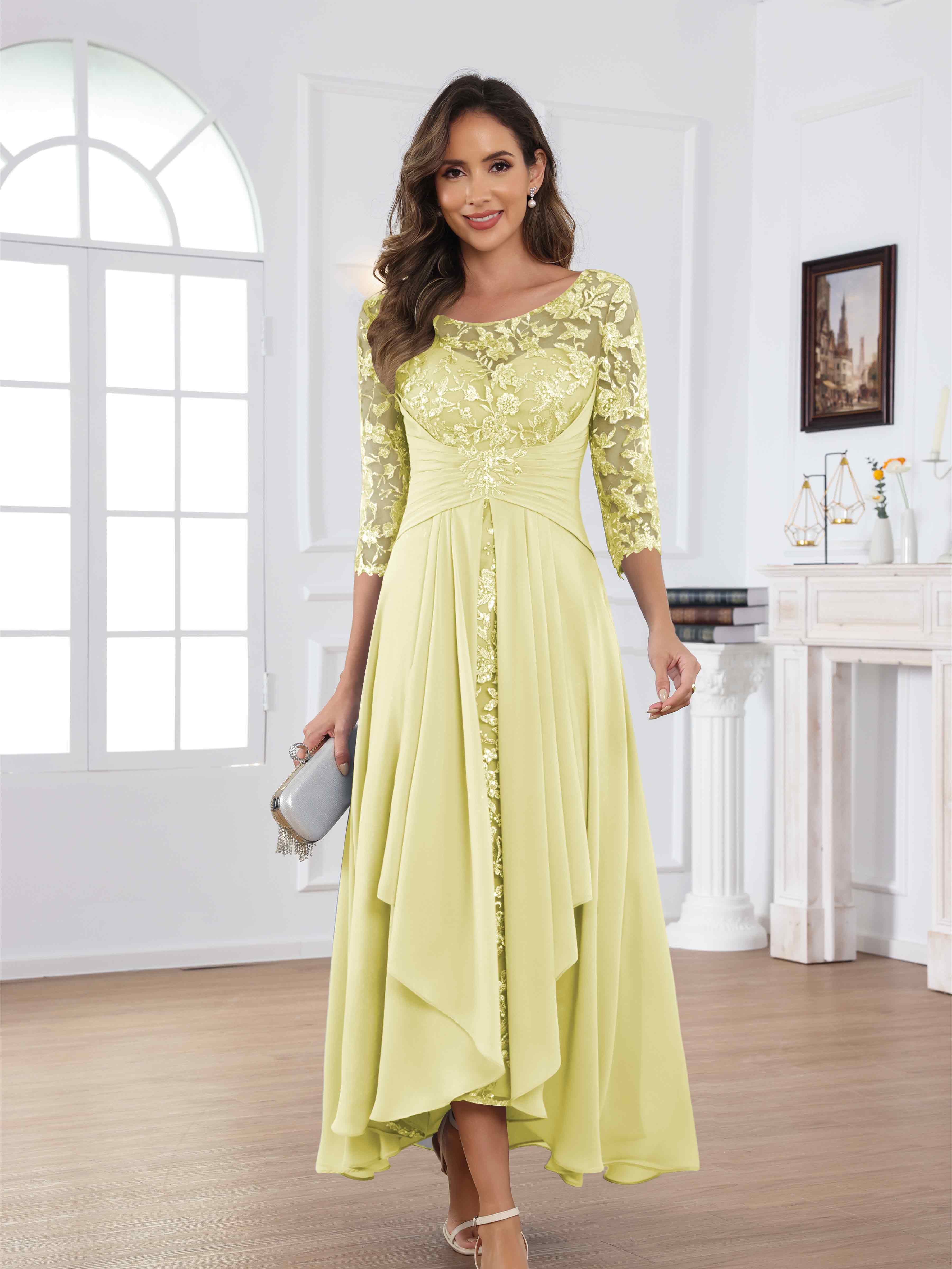 ROVDESY Tea Length Lace Chiffon Mother of The Bride Dress with 3/4 Sleeves