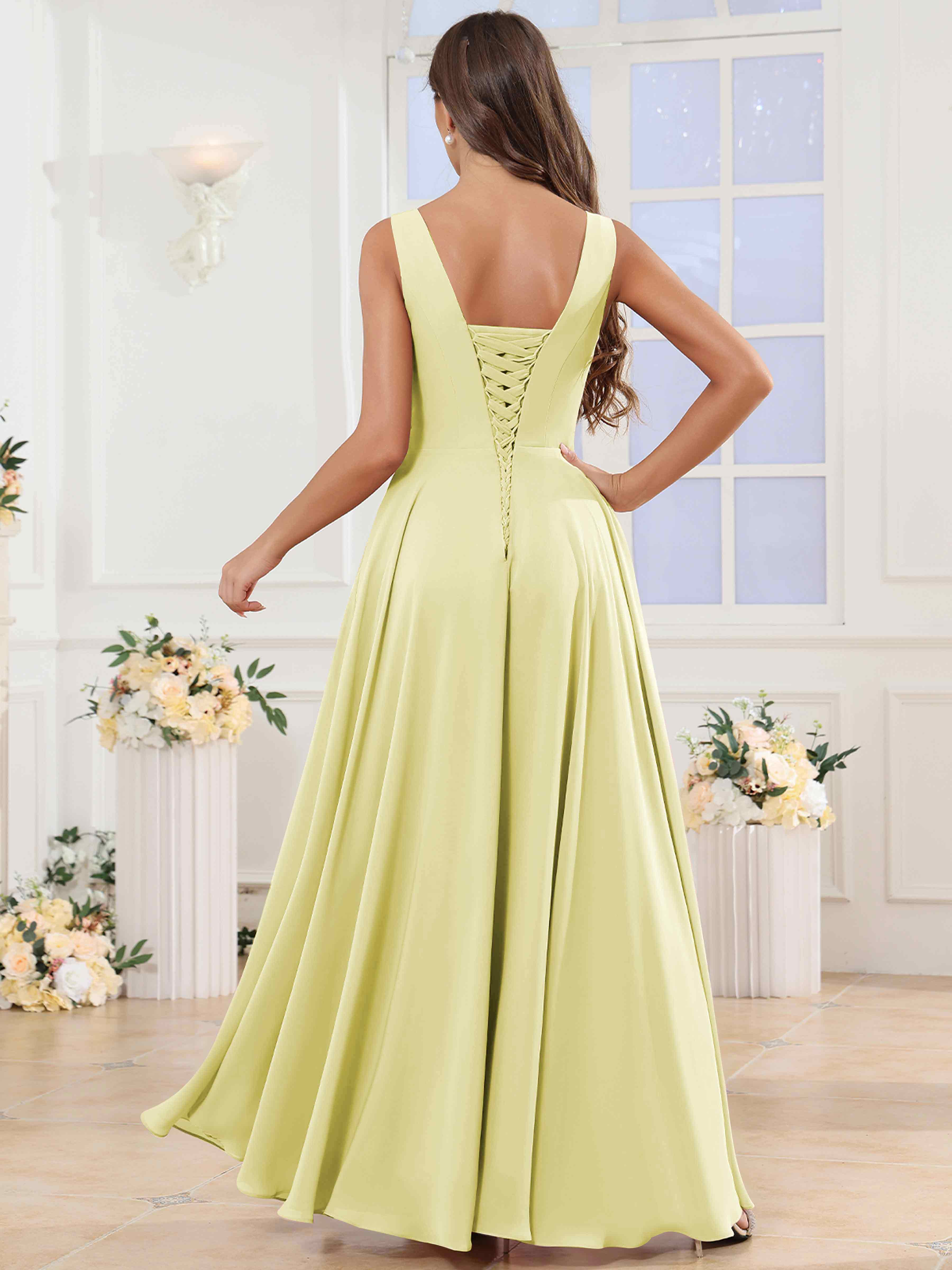 ROVDESY V-Neck Pleated Sleeveless Ruffle Chiffon Bridesmaid Dress With Slit