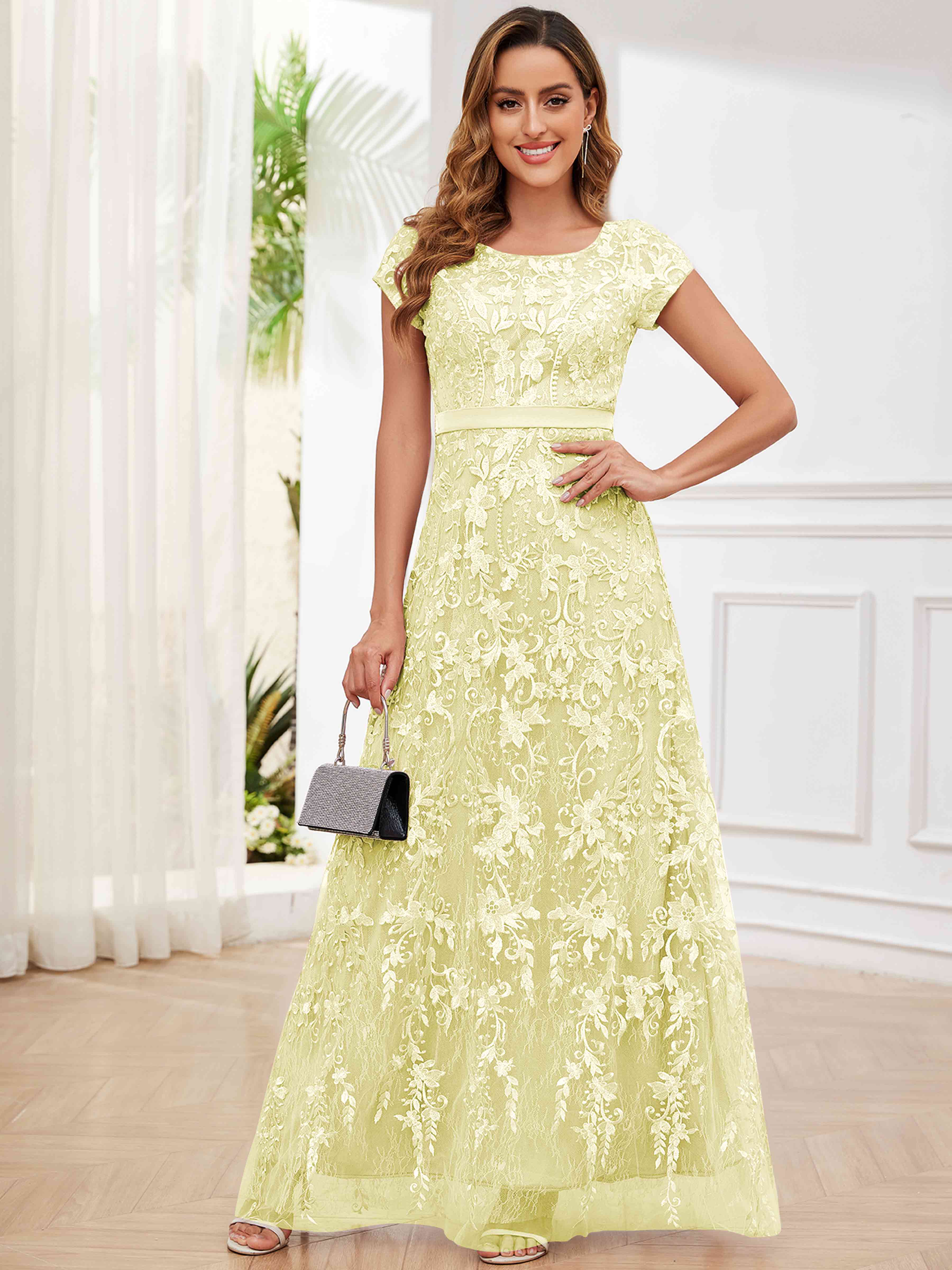 ROVDESY Elegant Lace Mother Of The Bride Dress With Short Sleeves Formal Gown