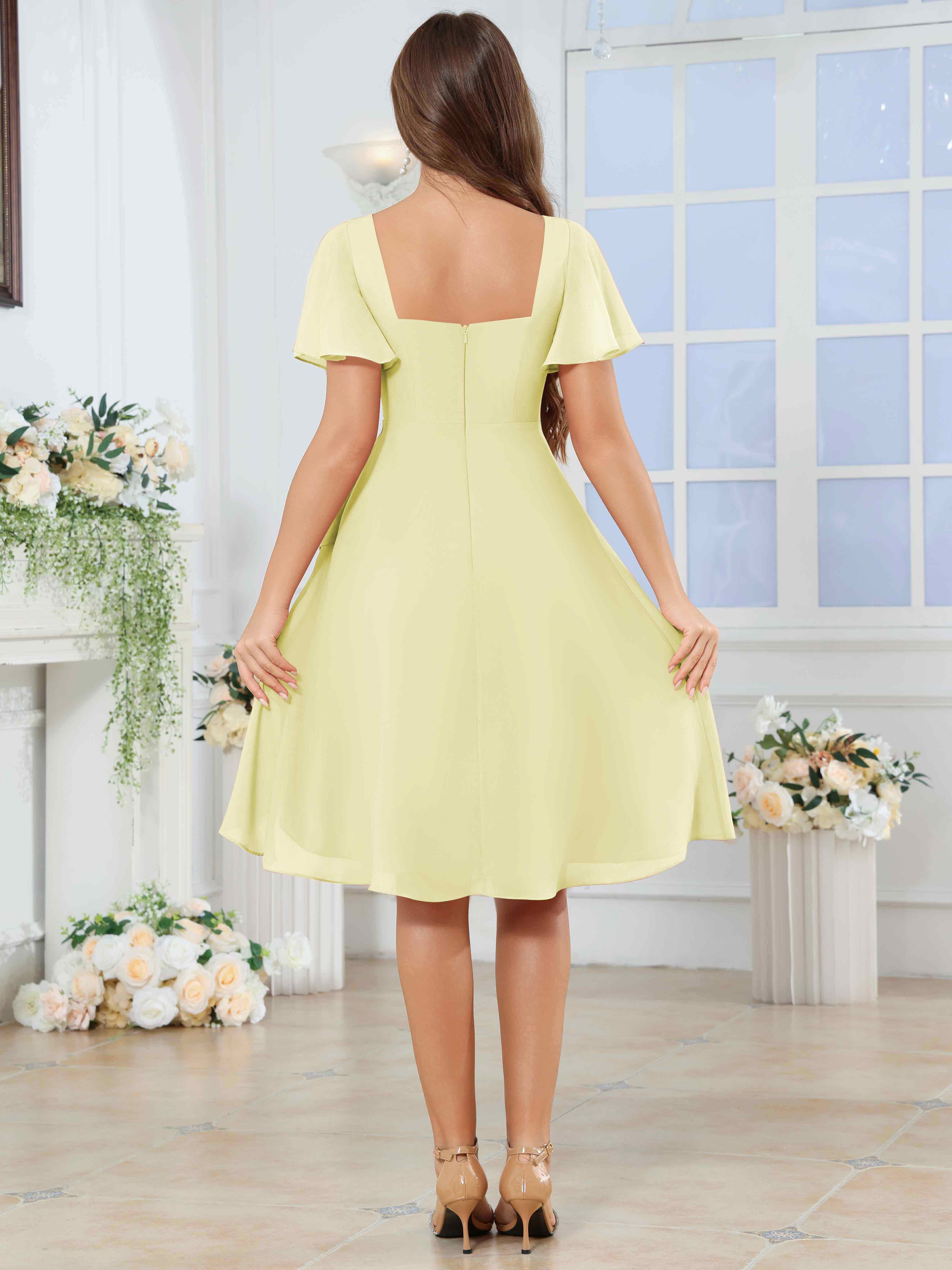 ROVDESY Knee Length V-Neck Pleated Chiffon Bridesmaid Dress With Short Sleeves
